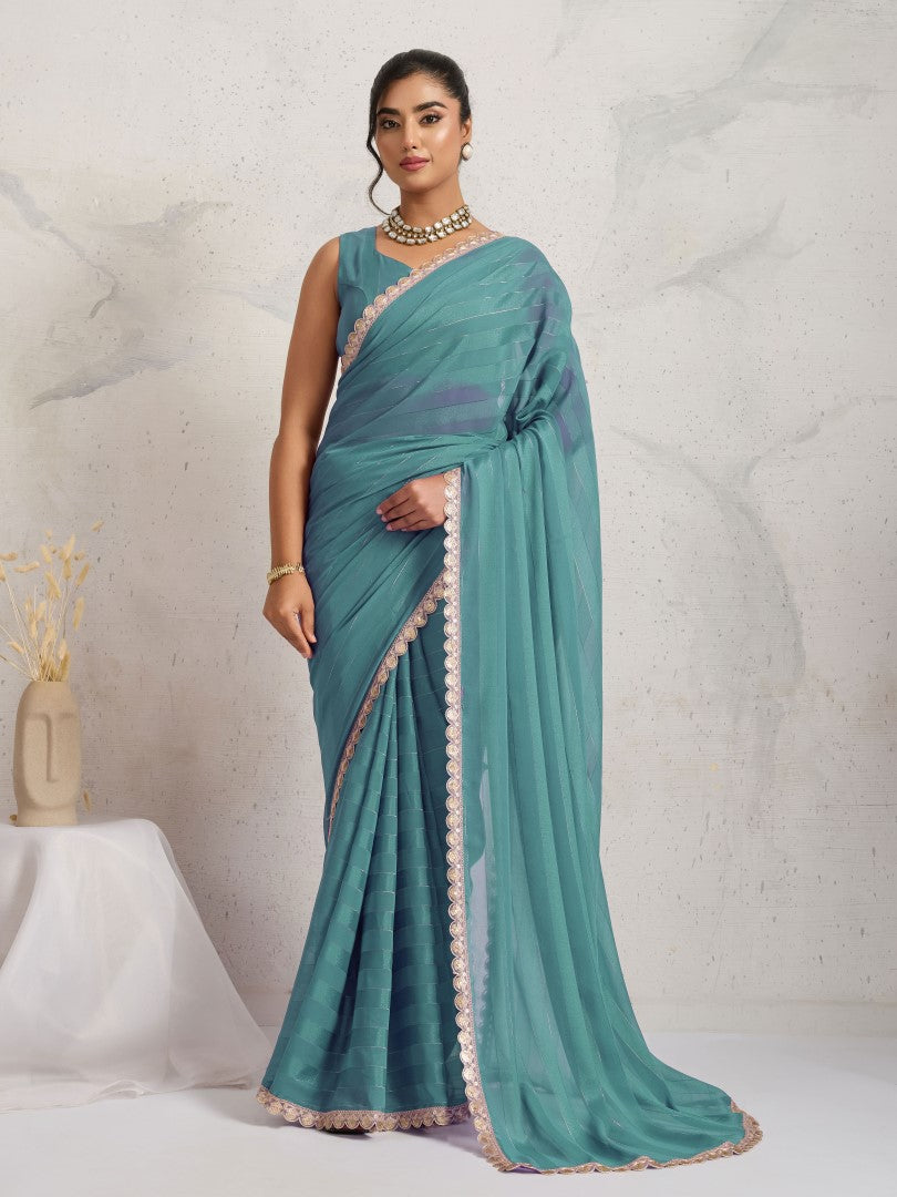 Sky Blue Striped Poly Georgette Party Wear Saree