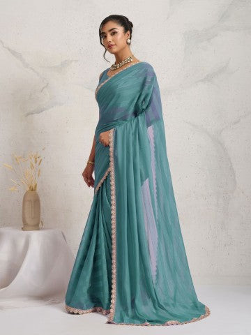 Teal Poly Georgette Ready to Wear Saree