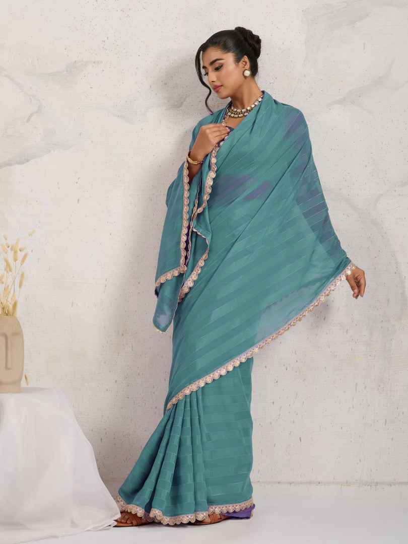 Sky Blue Striped Poly Georgette Party Wear Saree