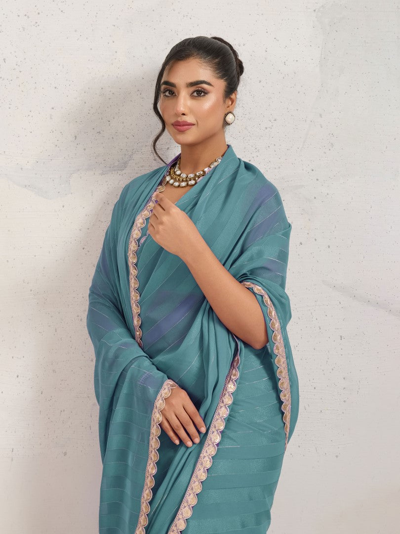 Sky Blue Striped Poly Georgette Party Wear Saree