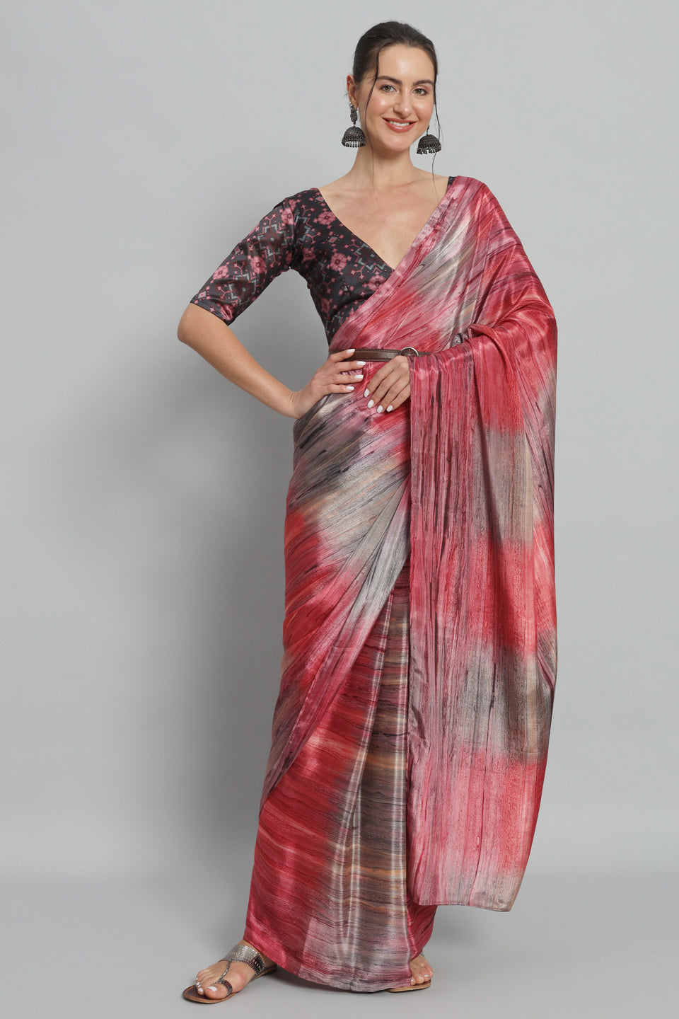 Satin Marble Printed Ready to Wear Pre-stitched Red Saree