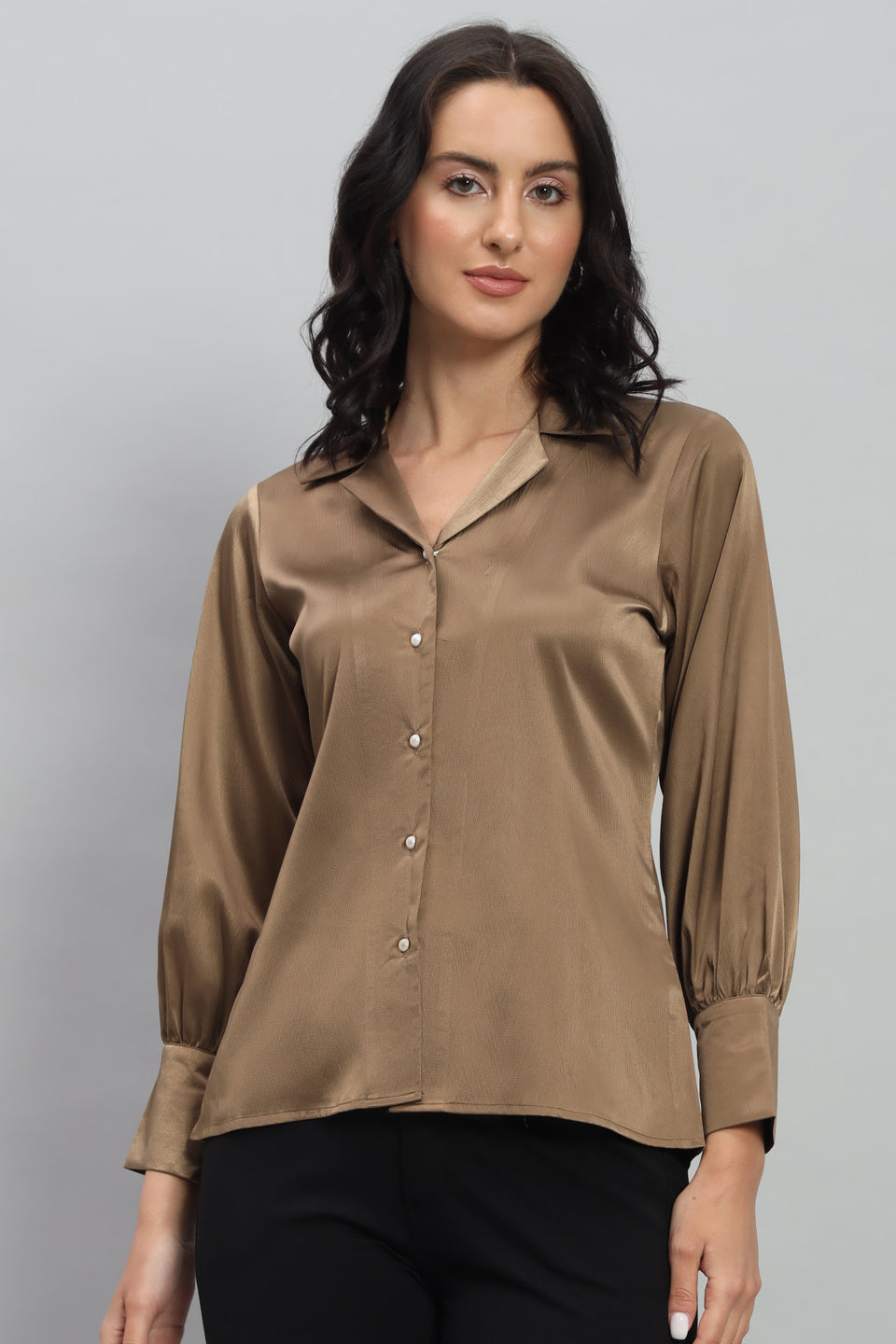 Womens Notched Designer Satin Solid Brown Shirt