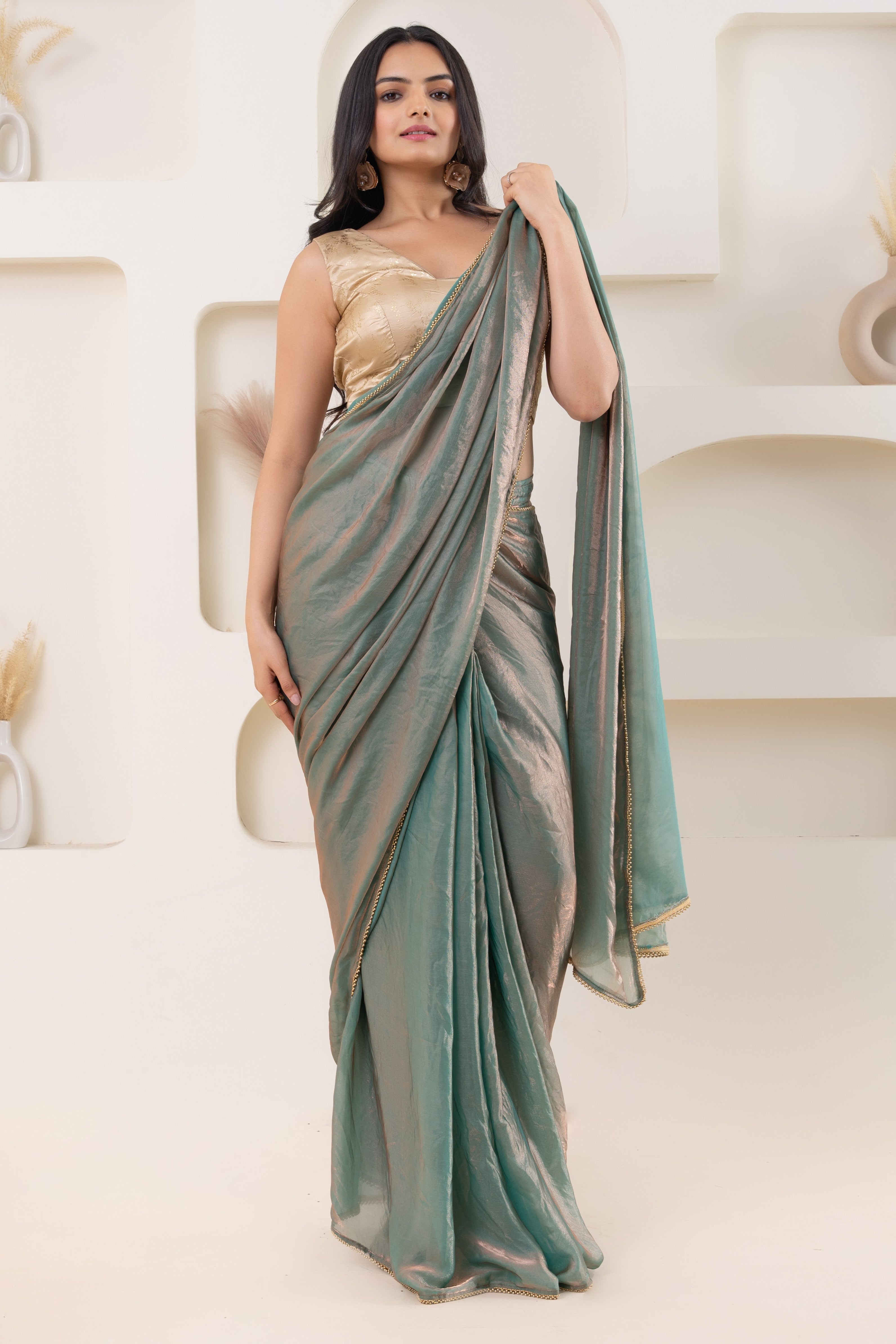 Lustrous Tissue Silk Solid Ready to Wear Blue Saree with Printed Blouse