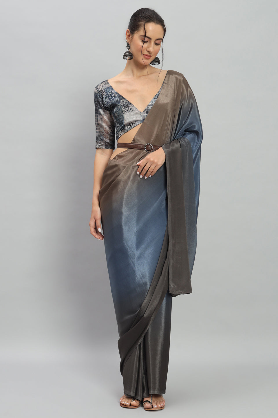 Satin Ready to Wear Pre-stitched More Ombre Blue Saree