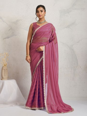 Pink Striped Poly Georgette Saree with Embellished Border