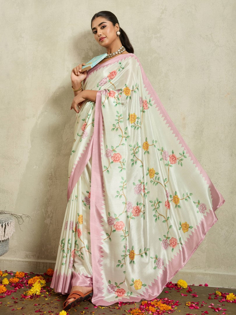 Off White Floral Printed Cotton Blend Saree with Woven Design Border
