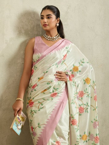 Off White Satin Ready to Wear Saree