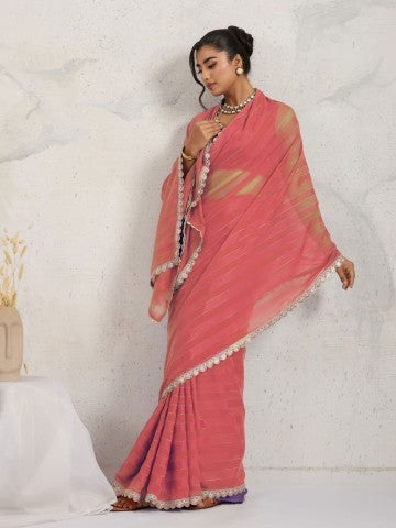 Beautiful Pink Poly Georgette Ready to Wear Saree