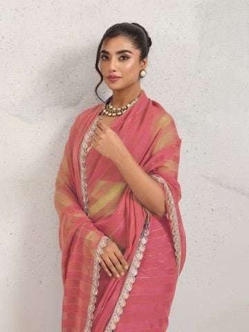 Beautiful Pink Poly Georgette Ready to Wear Saree