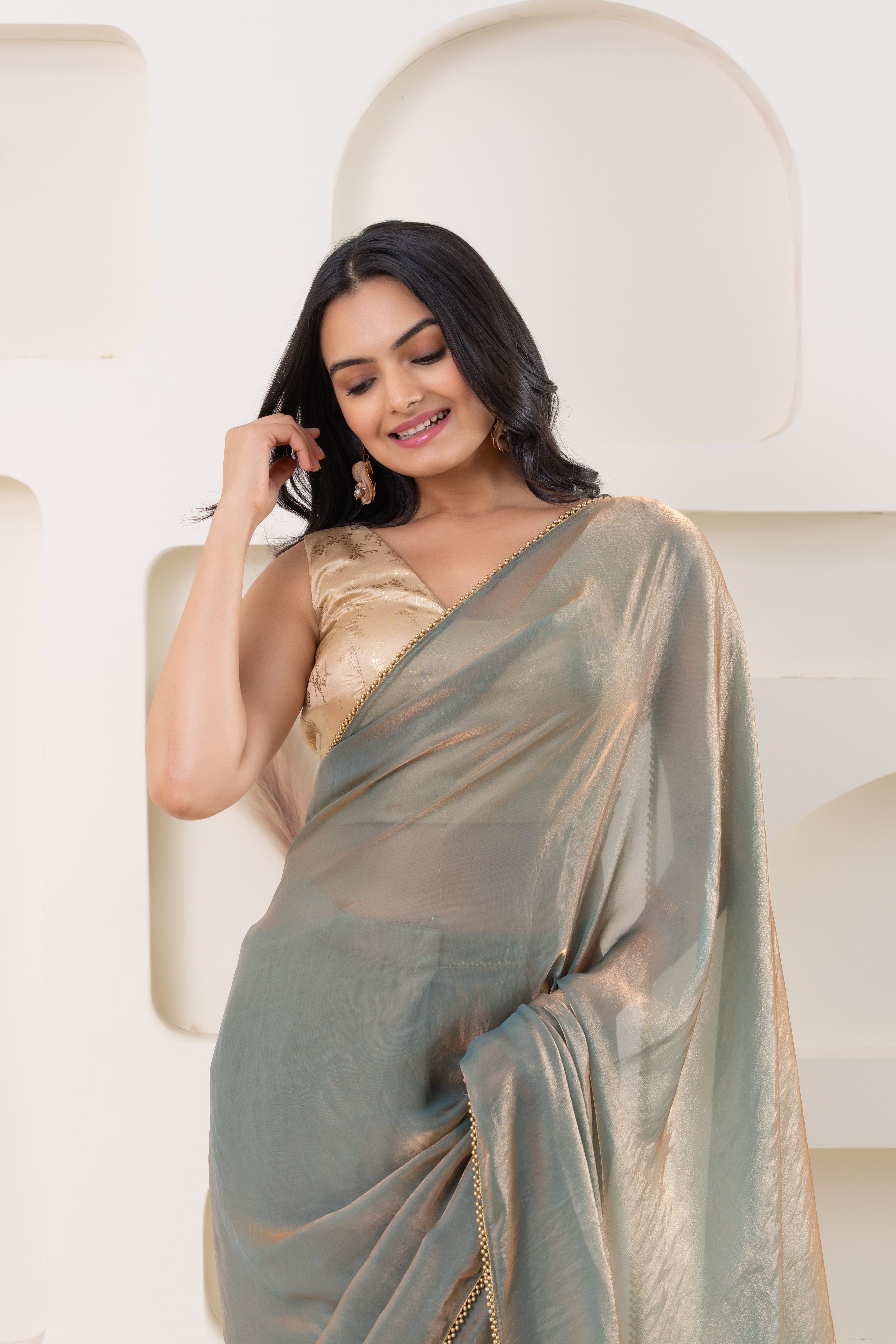 Lustrous Tissue Silk Solid Ready to Wear Blue Saree with Printed Blouse