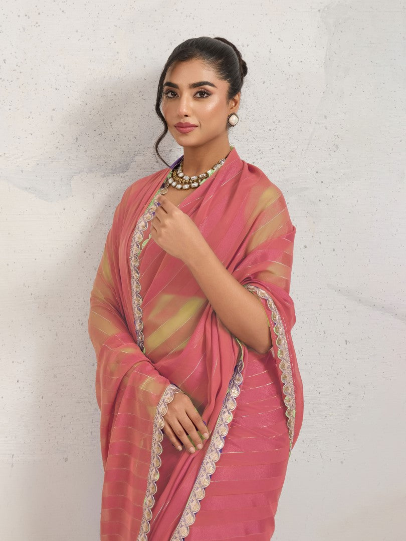 Red Striped Poly Georgette Saree with Embellished Border