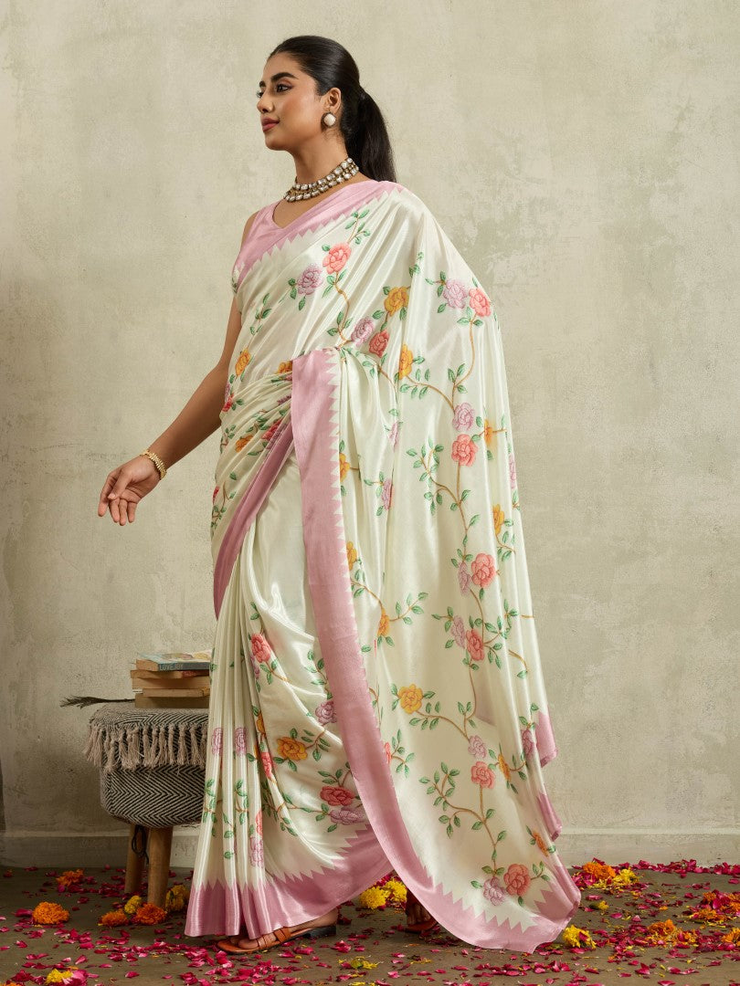 Off White Floral Printed Cotton Blend Saree with Woven Design Border