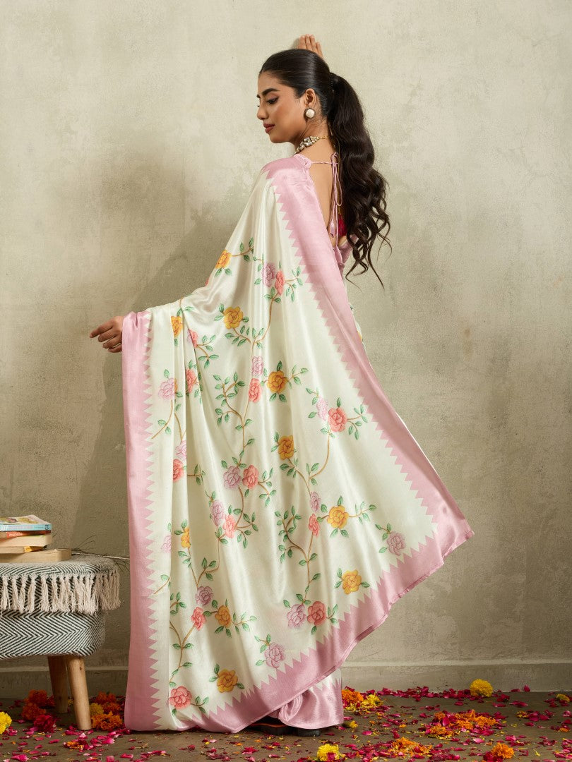 Off White Floral Printed Cotton Blend Saree with Woven Design Border