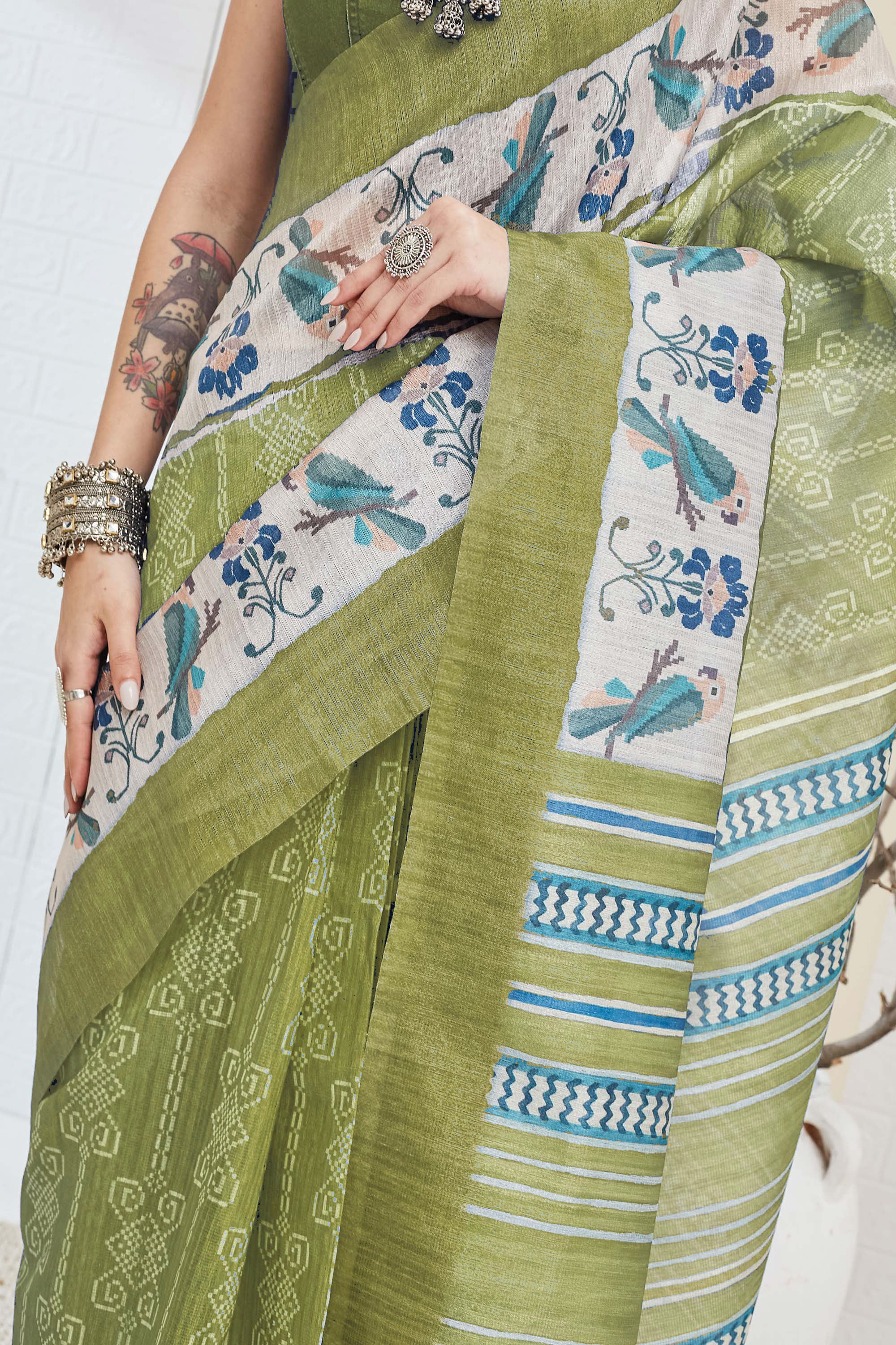 Green Warli Printed Silk Blend Ready To Wear Saree
