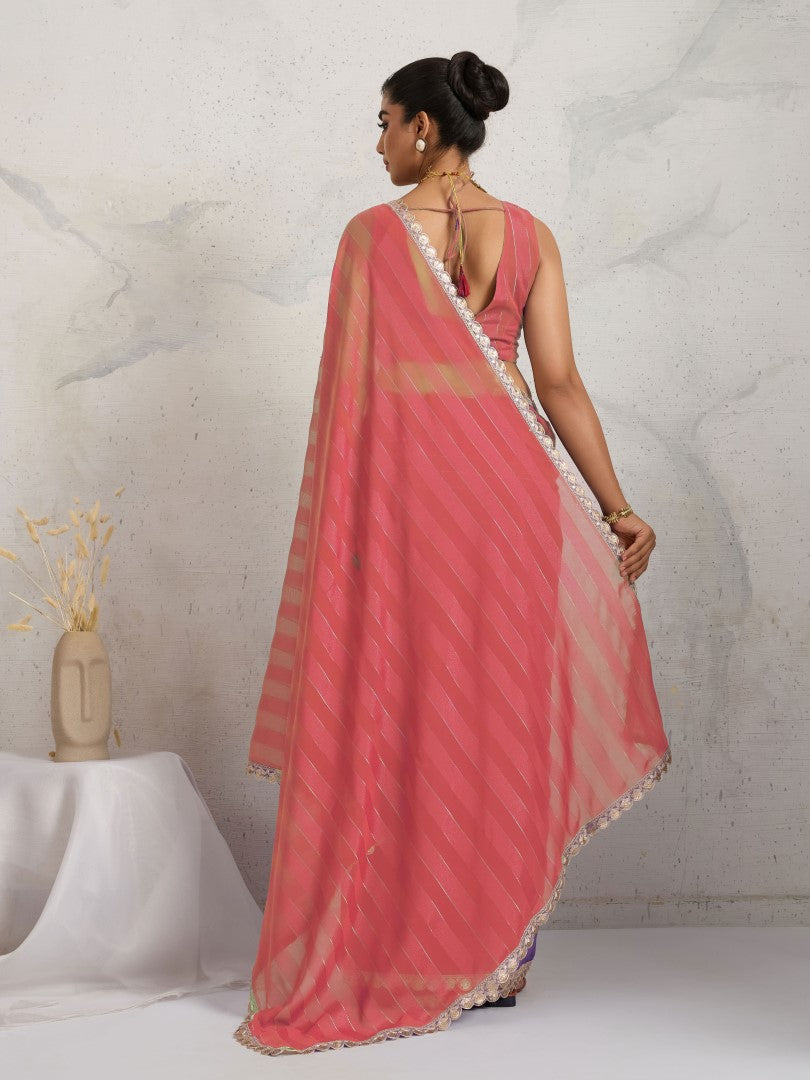 Red Striped Poly Georgette Saree with Embellished Border