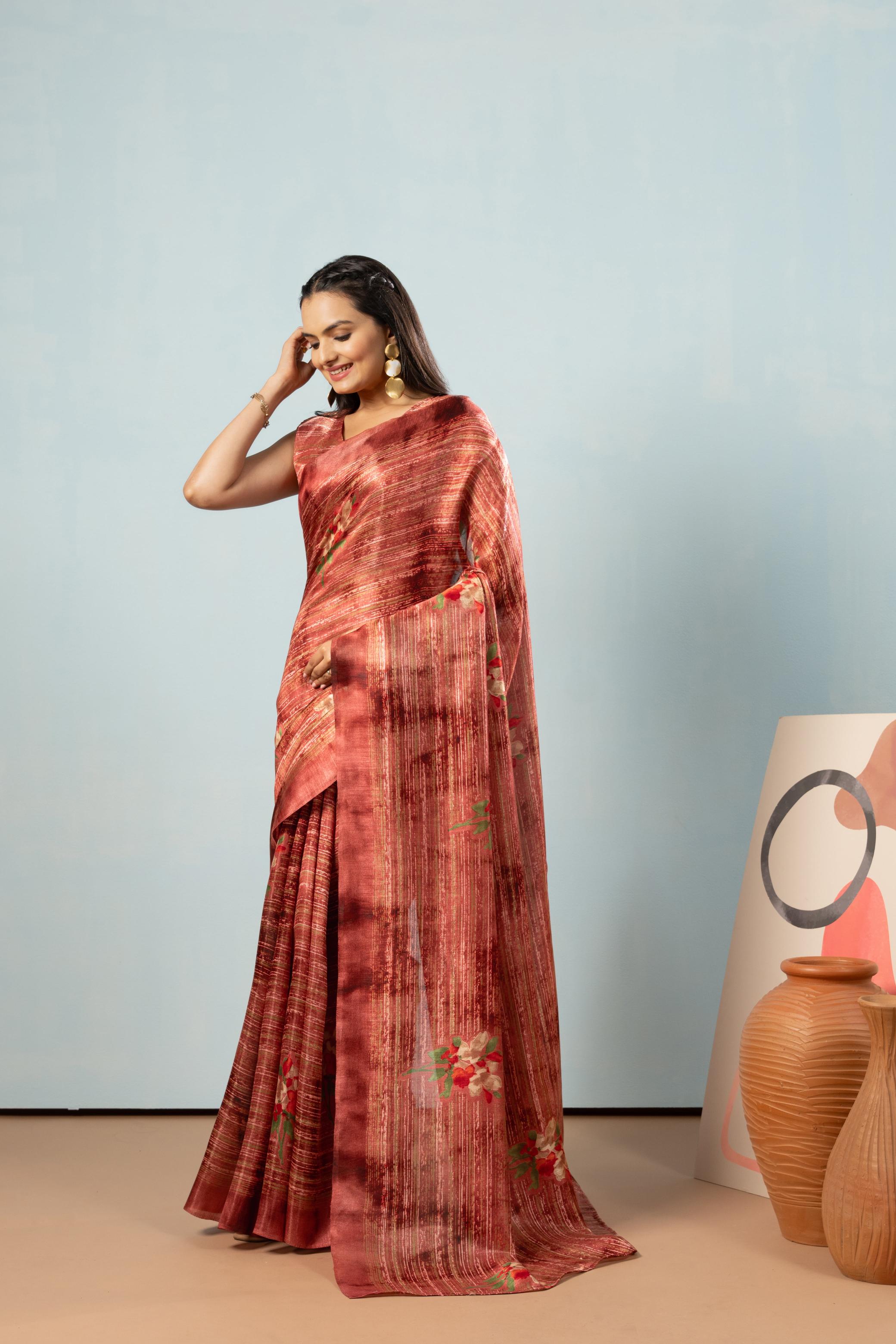 Stripes Floral Printed Banglori Silk Saree