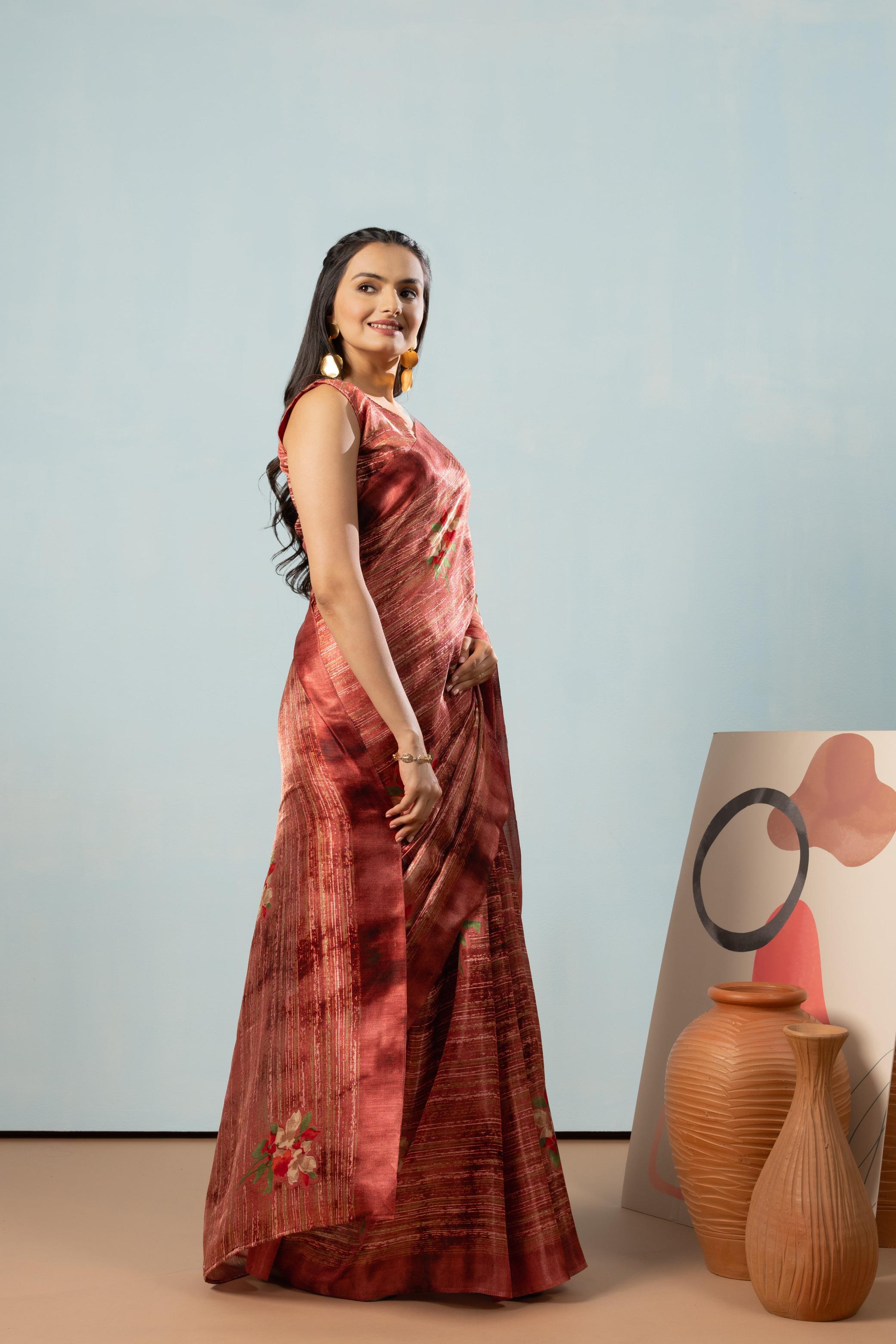 Stripes Floral Printed Banglori Silk Saree