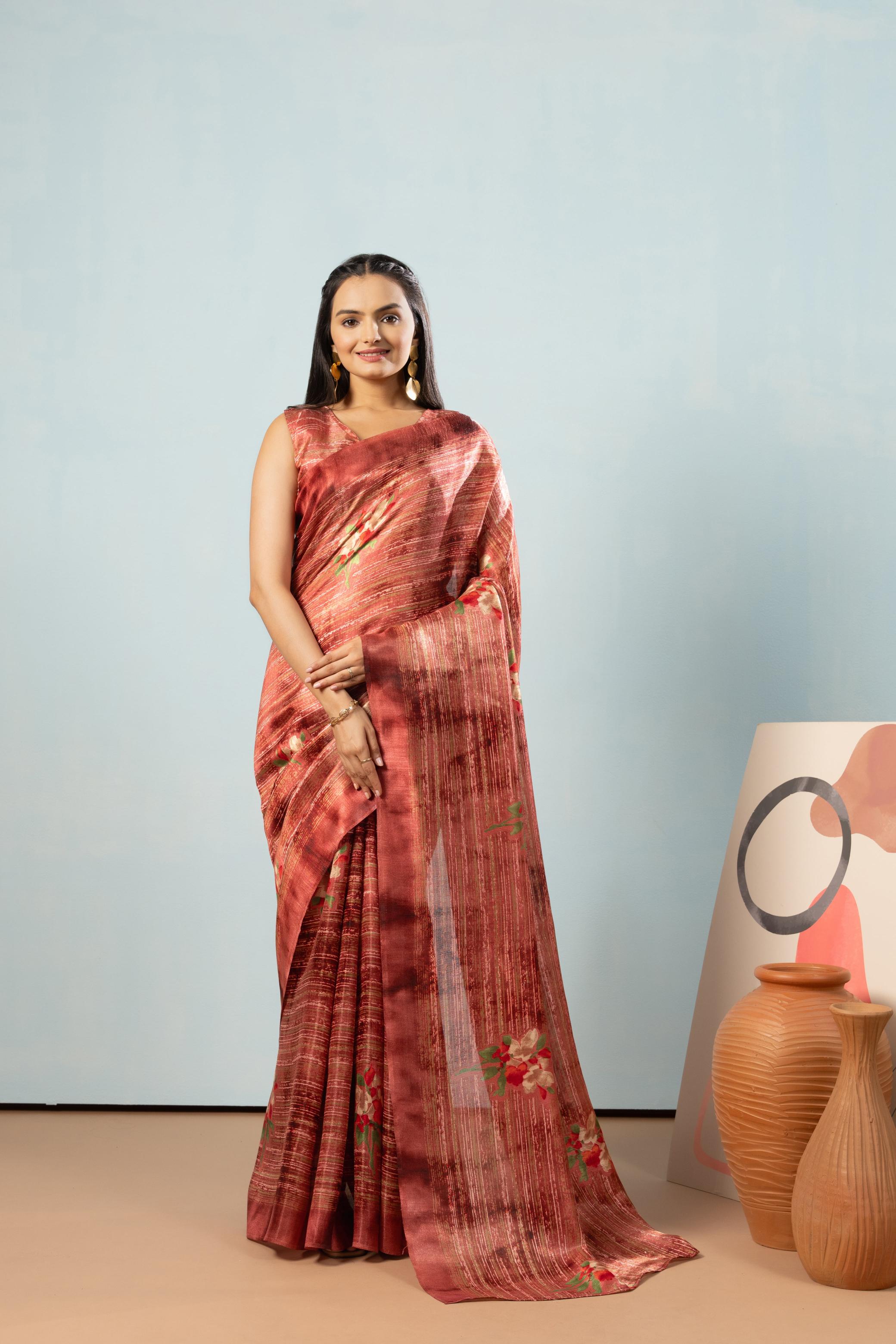 Stripes Floral Printed Banglori Silk Saree