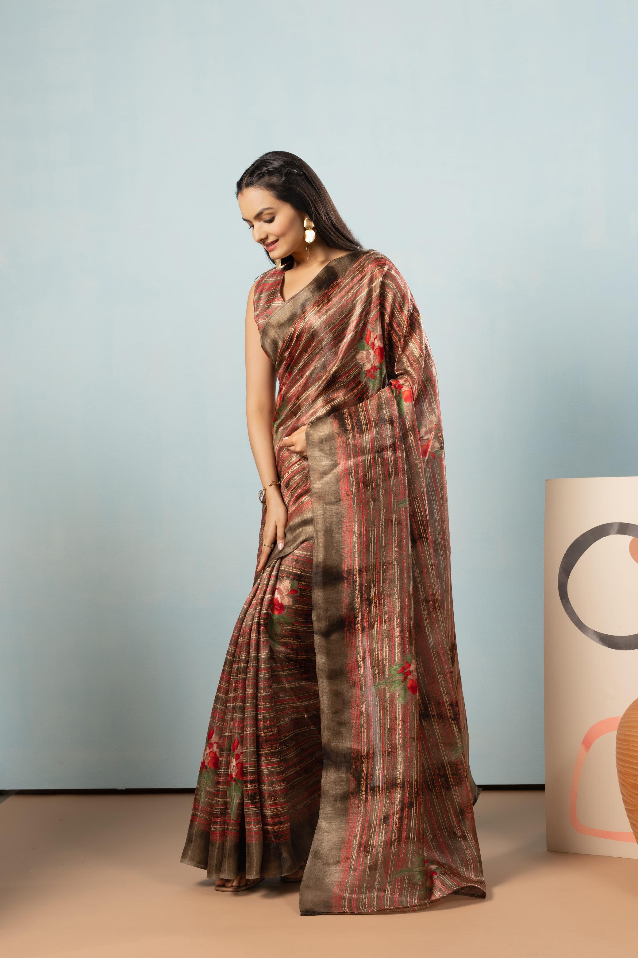 Stripes Floral Printed Banglori Silk Saree