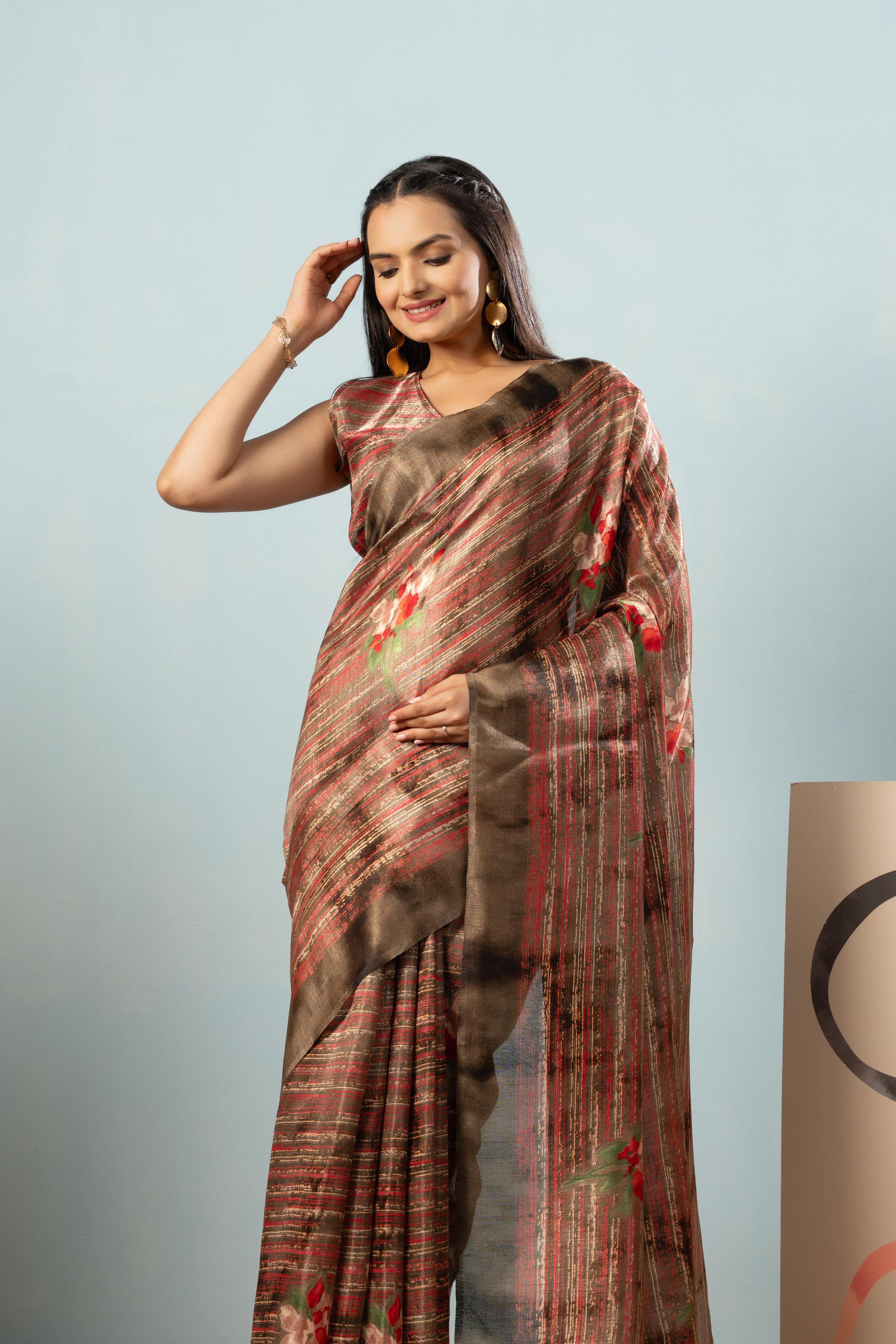 Stripes Floral Printed Banglori Silk Saree