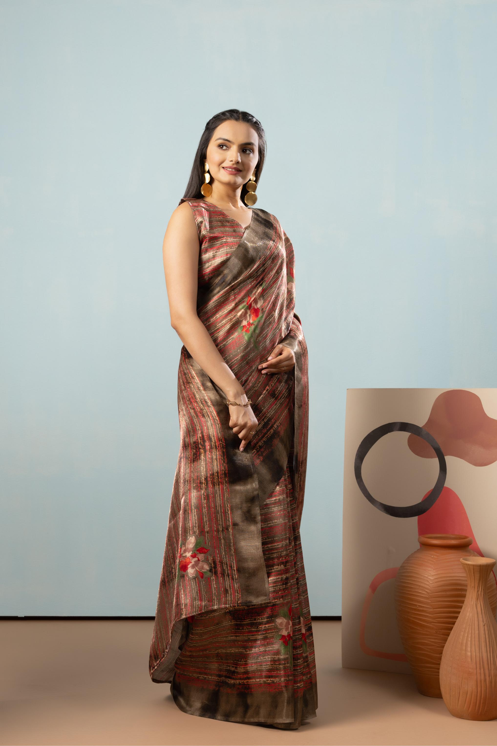 Stripes Floral Printed Banglori Silk Saree