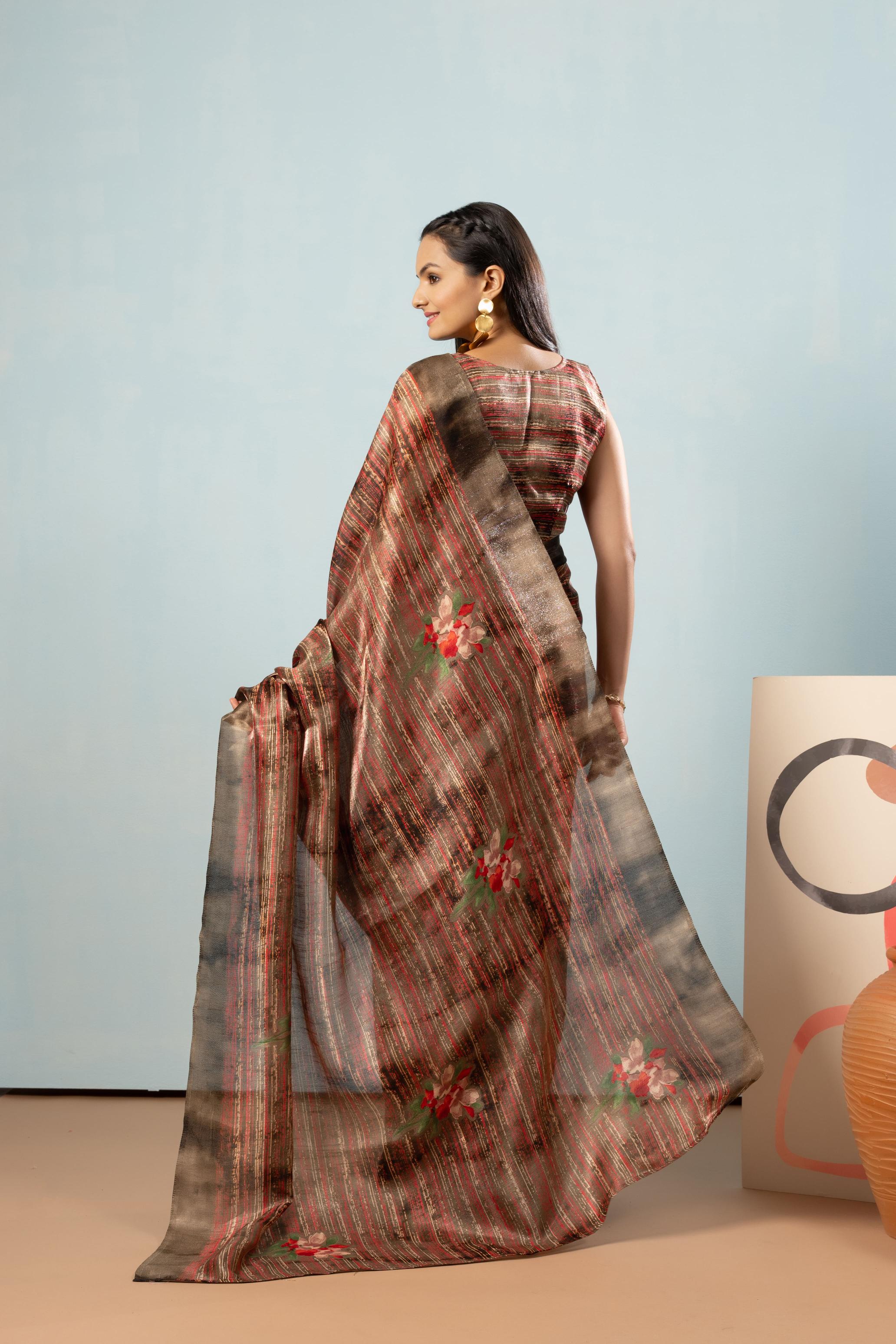 Stripes Floral Printed Banglori Silk Saree
