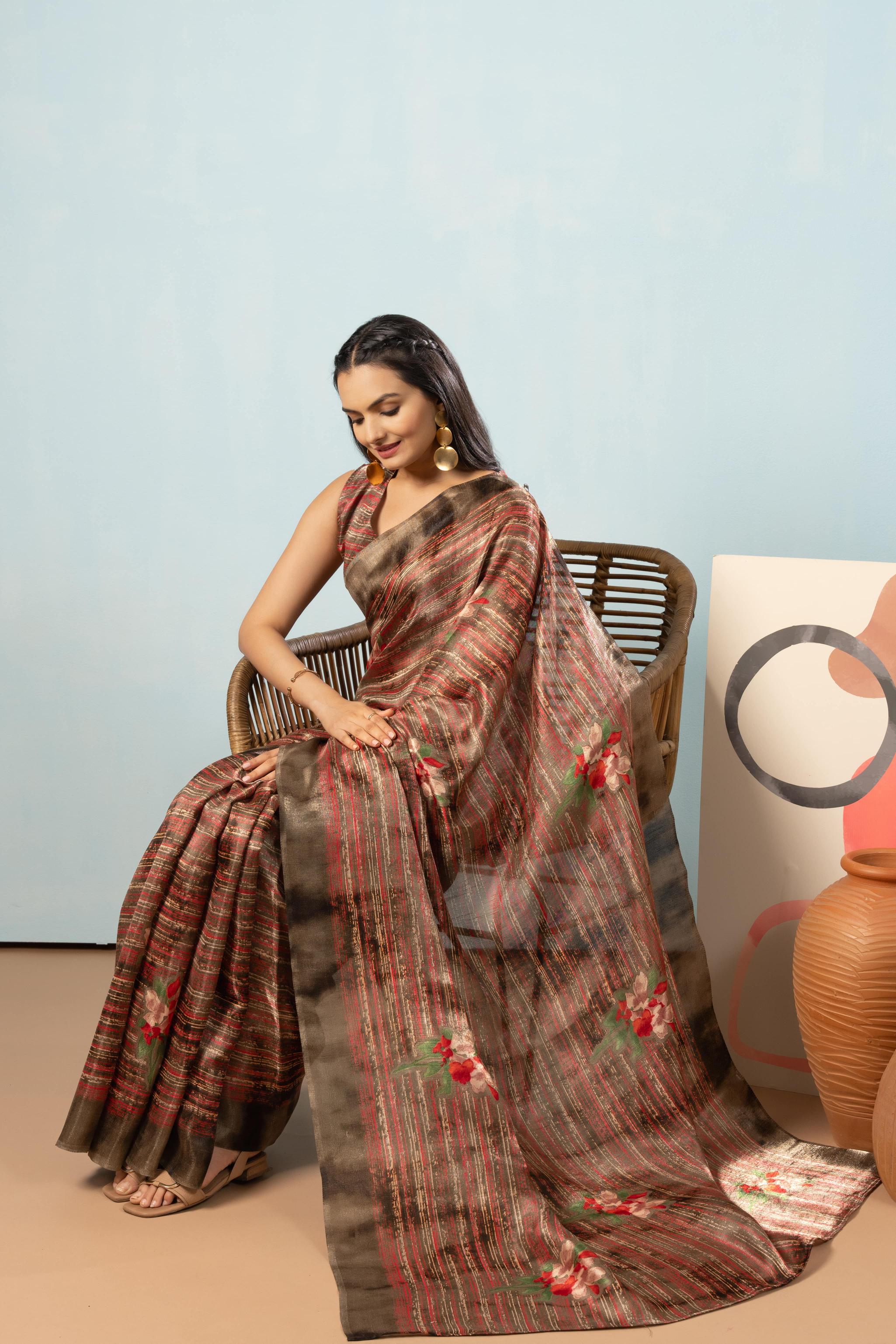 Stripes Floral Printed Banglori Silk Saree