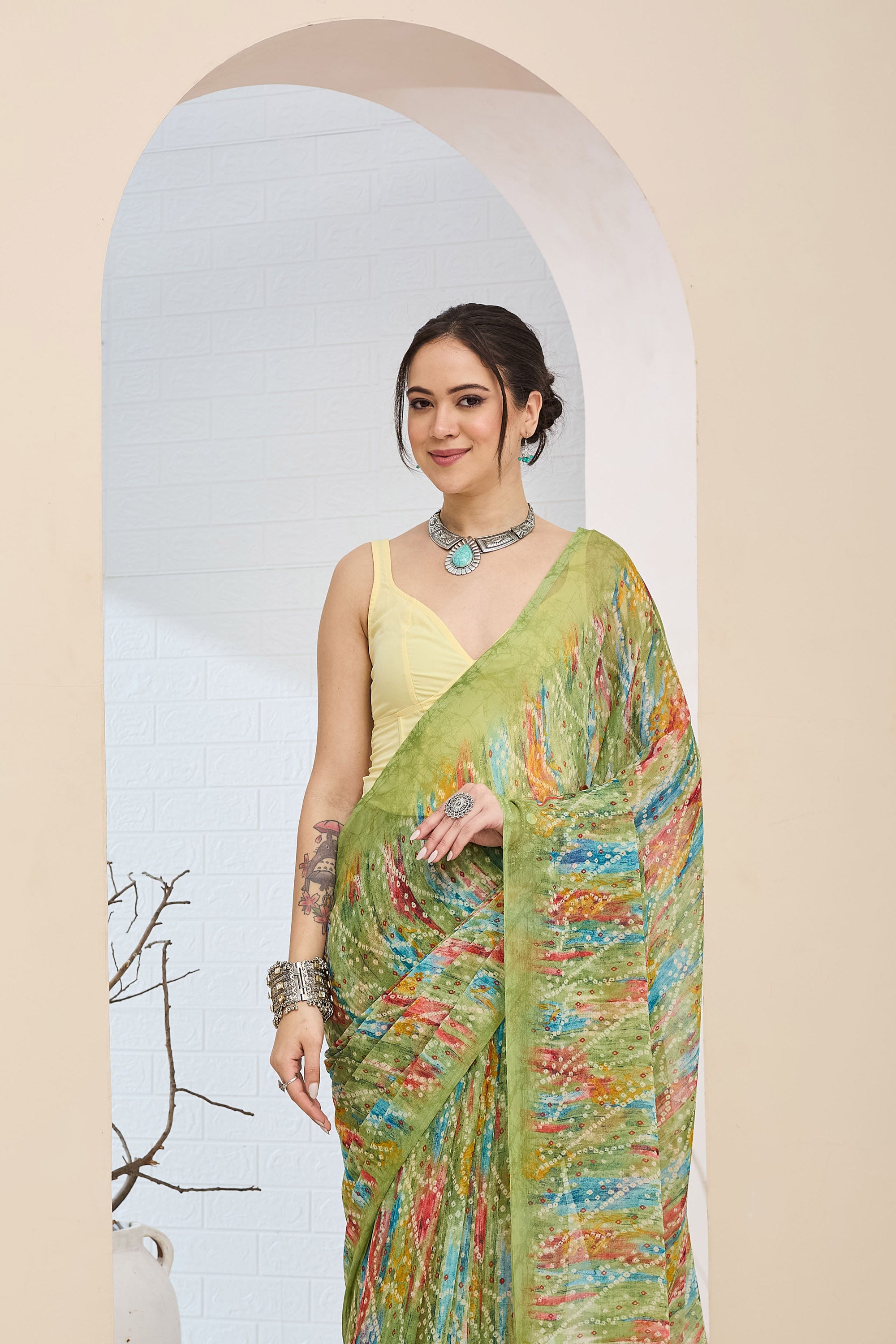 Beautiful Green Color Poly Chiffon Ready To Wear Saree