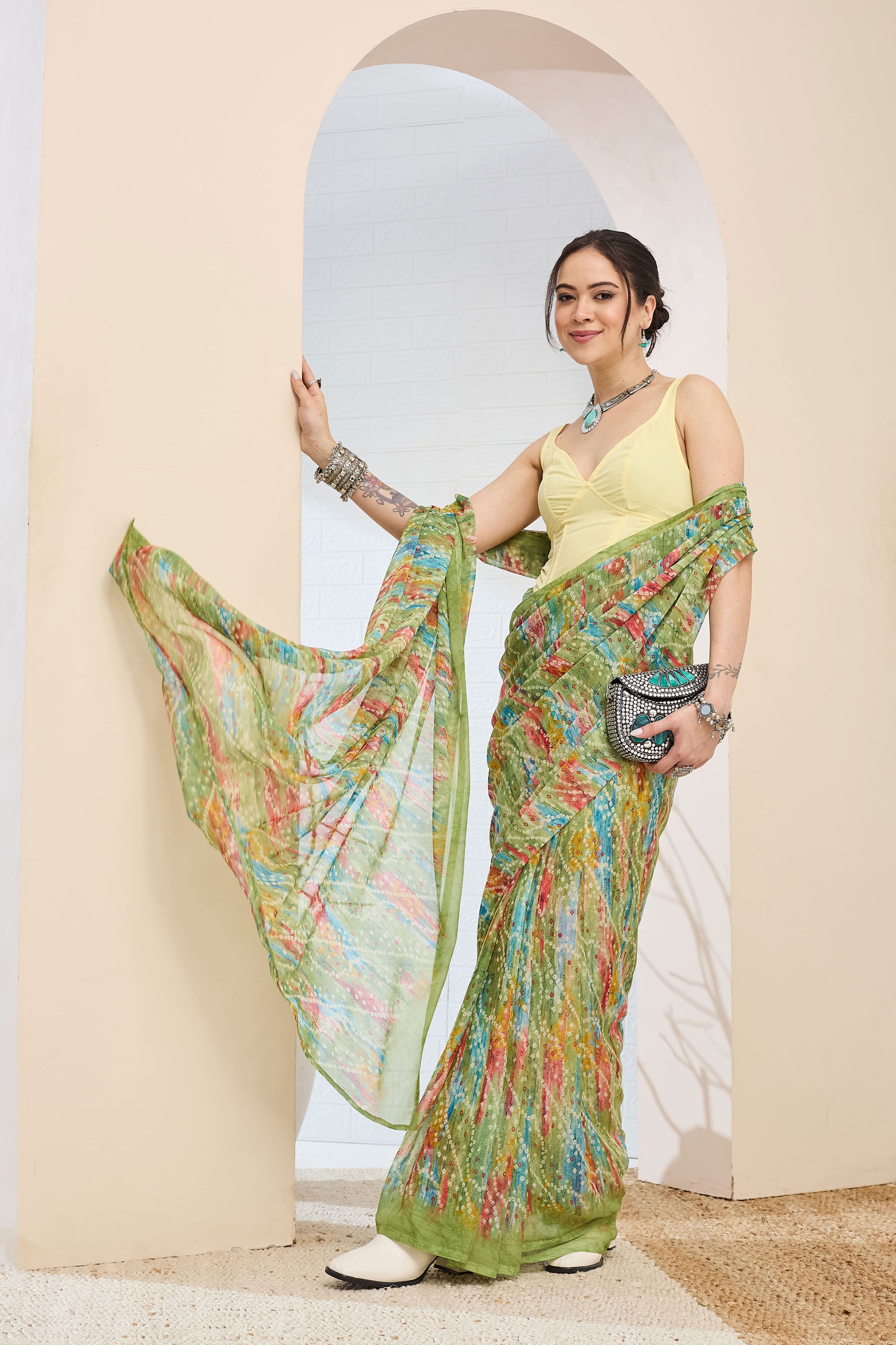 Beautiful Green Color Poly Chiffon Ready To Wear Saree