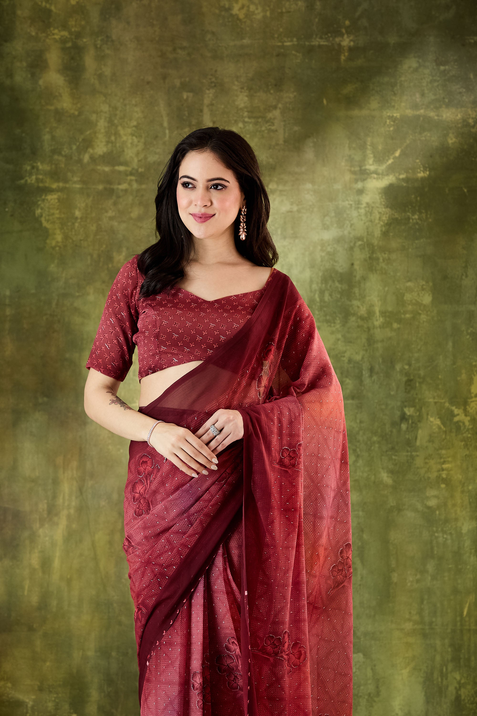 Maroon Color Poly Chiffon Ready To Wear Saree