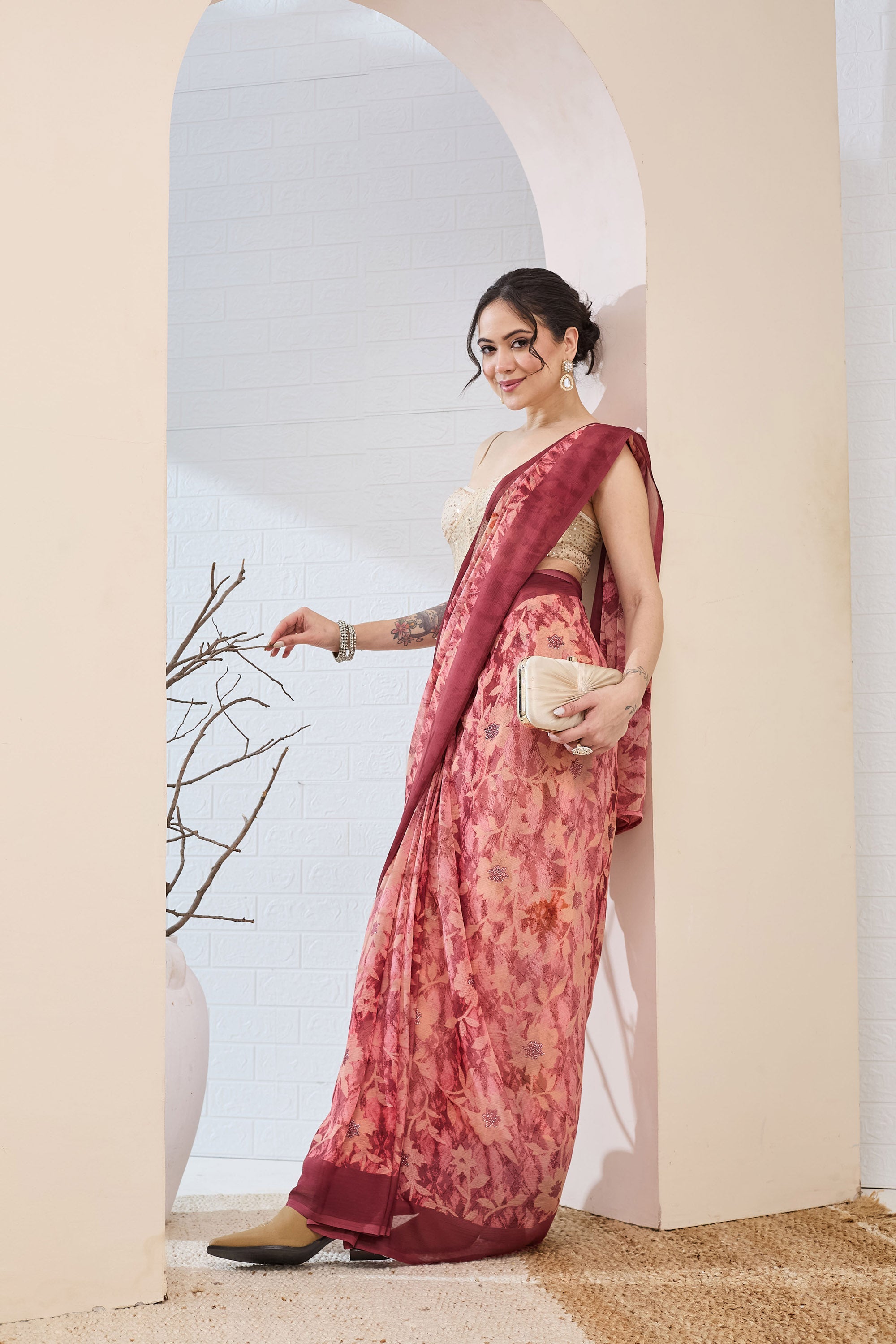 Beautiful Rust Color Poly Chiffon Ready To Wear Saree