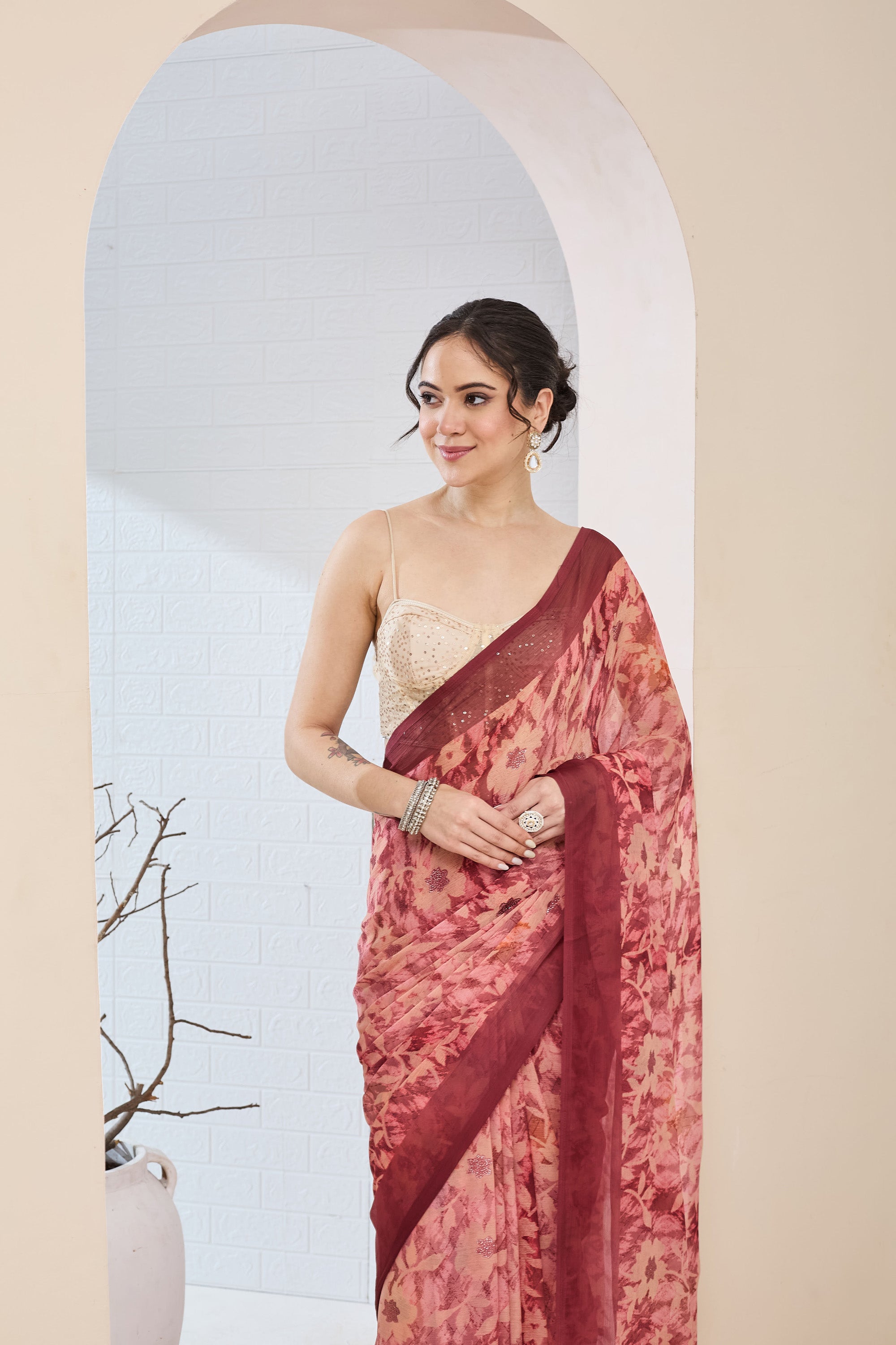 Beautiful Rust Color Poly Chiffon Ready To Wear Saree