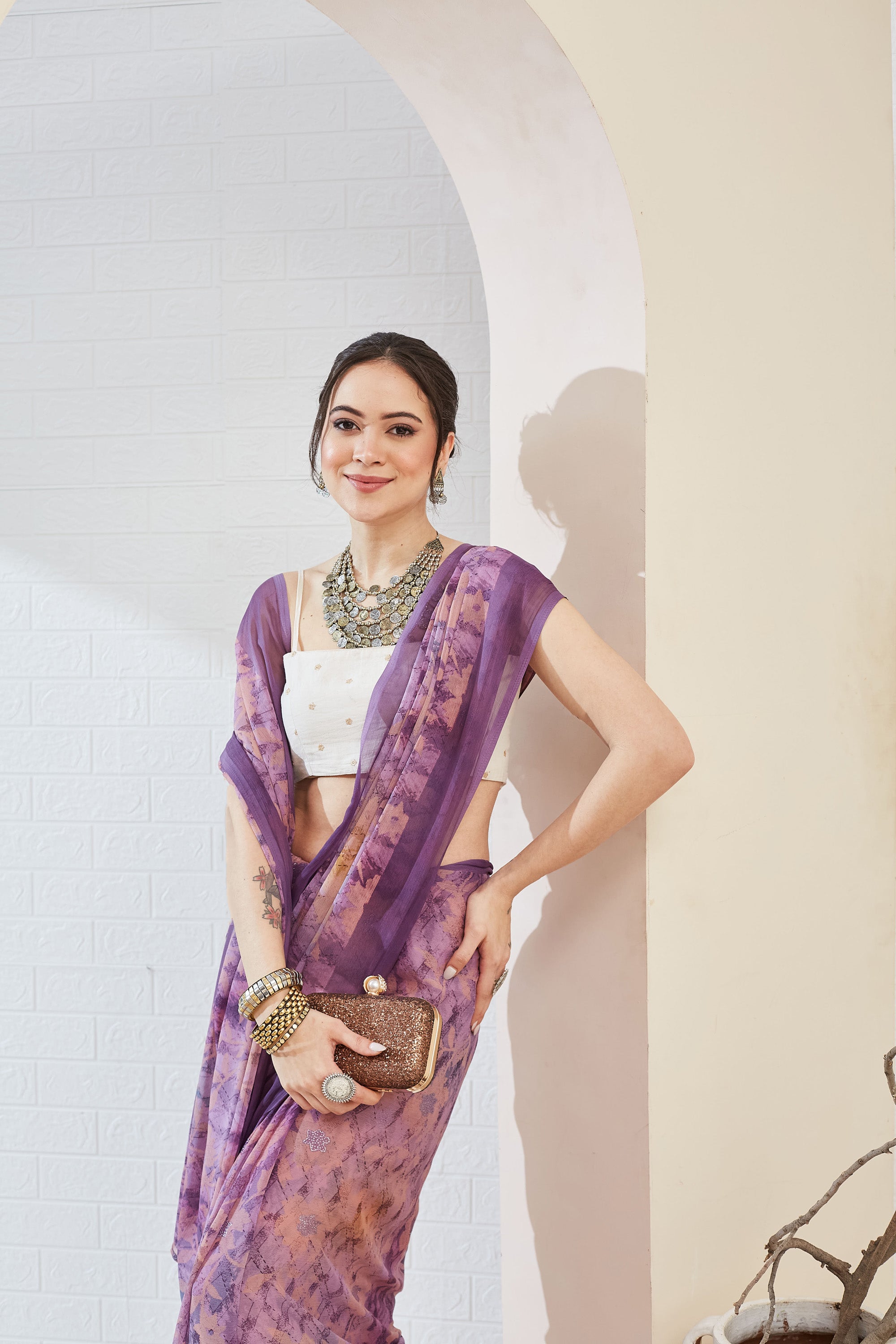 Beautiful Purple Color Poly Chiffon Ready To Wear Saree