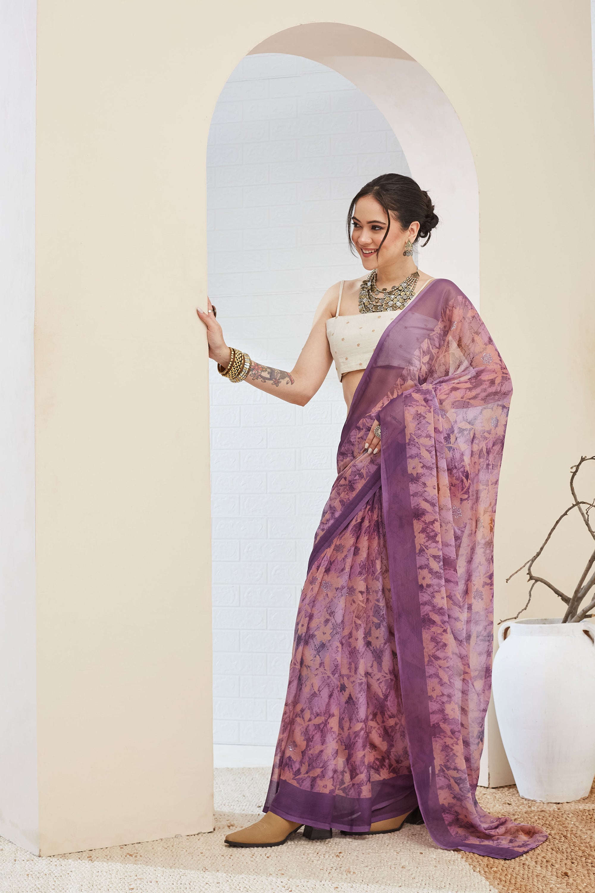 Beautiful Purple Color Poly Chiffon Ready To Wear Saree