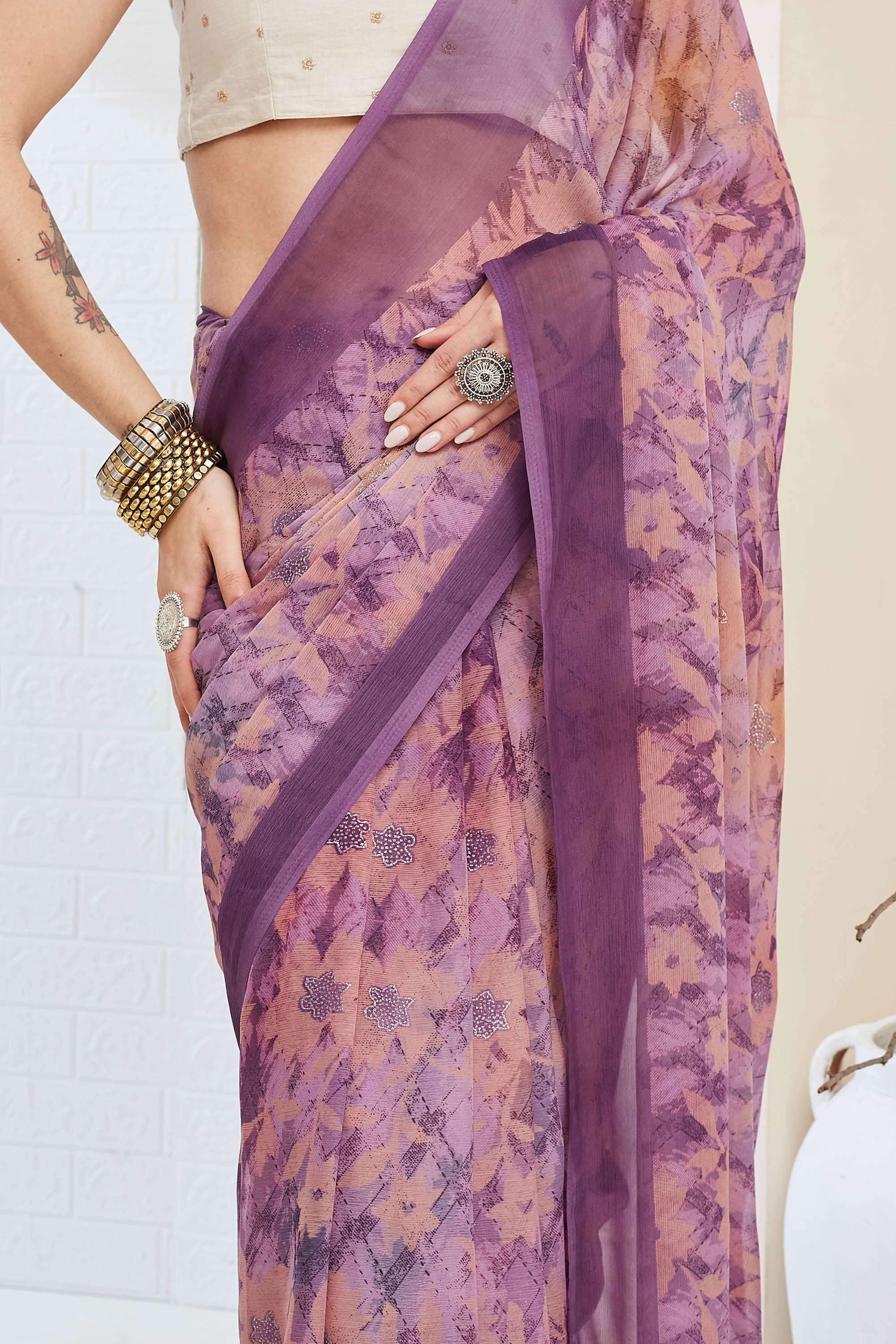 Beautiful Purple Color Poly Chiffon Ready To Wear Saree
