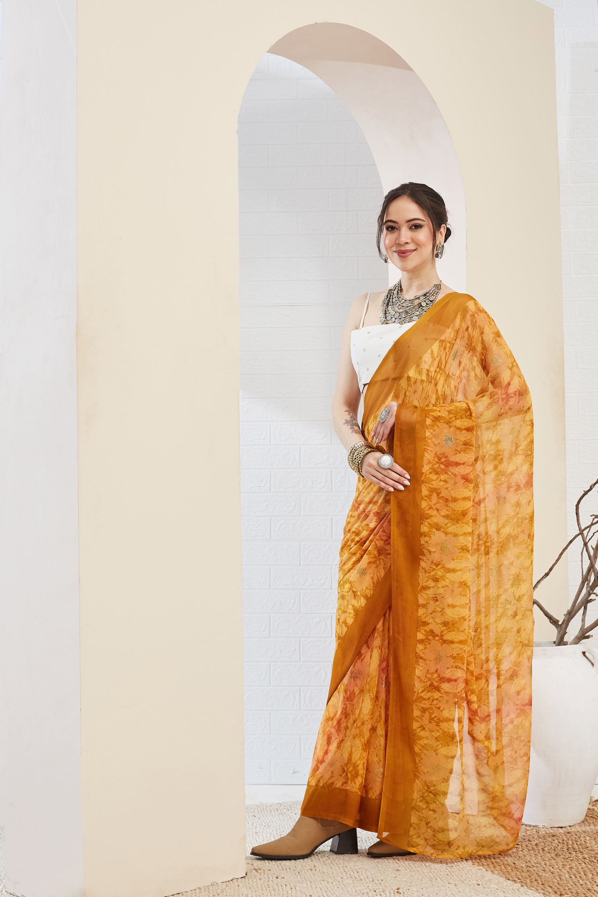 Beautiful Yellow Color Poly Chiffon Ready To Wear Saree