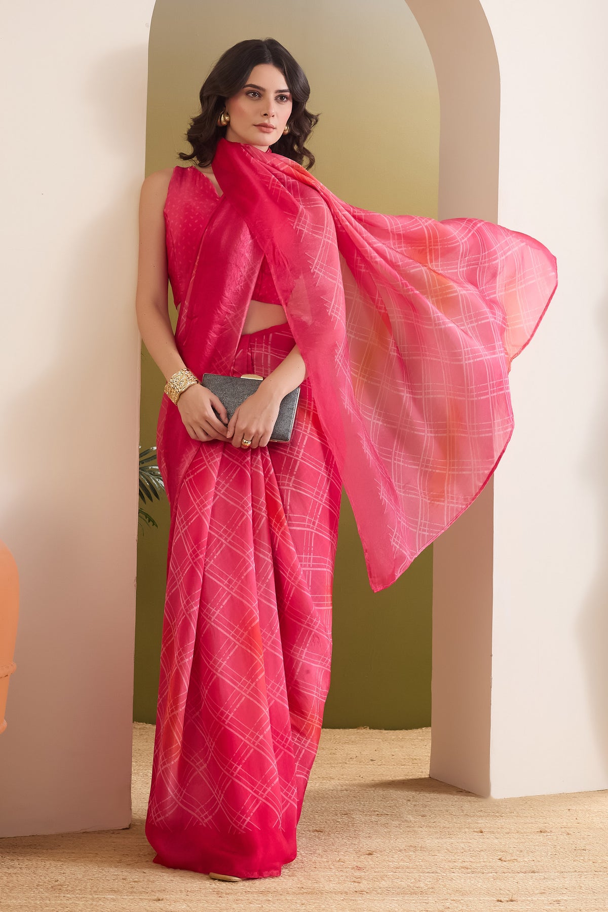 Pink Checked Satin Ready to Wear Saree