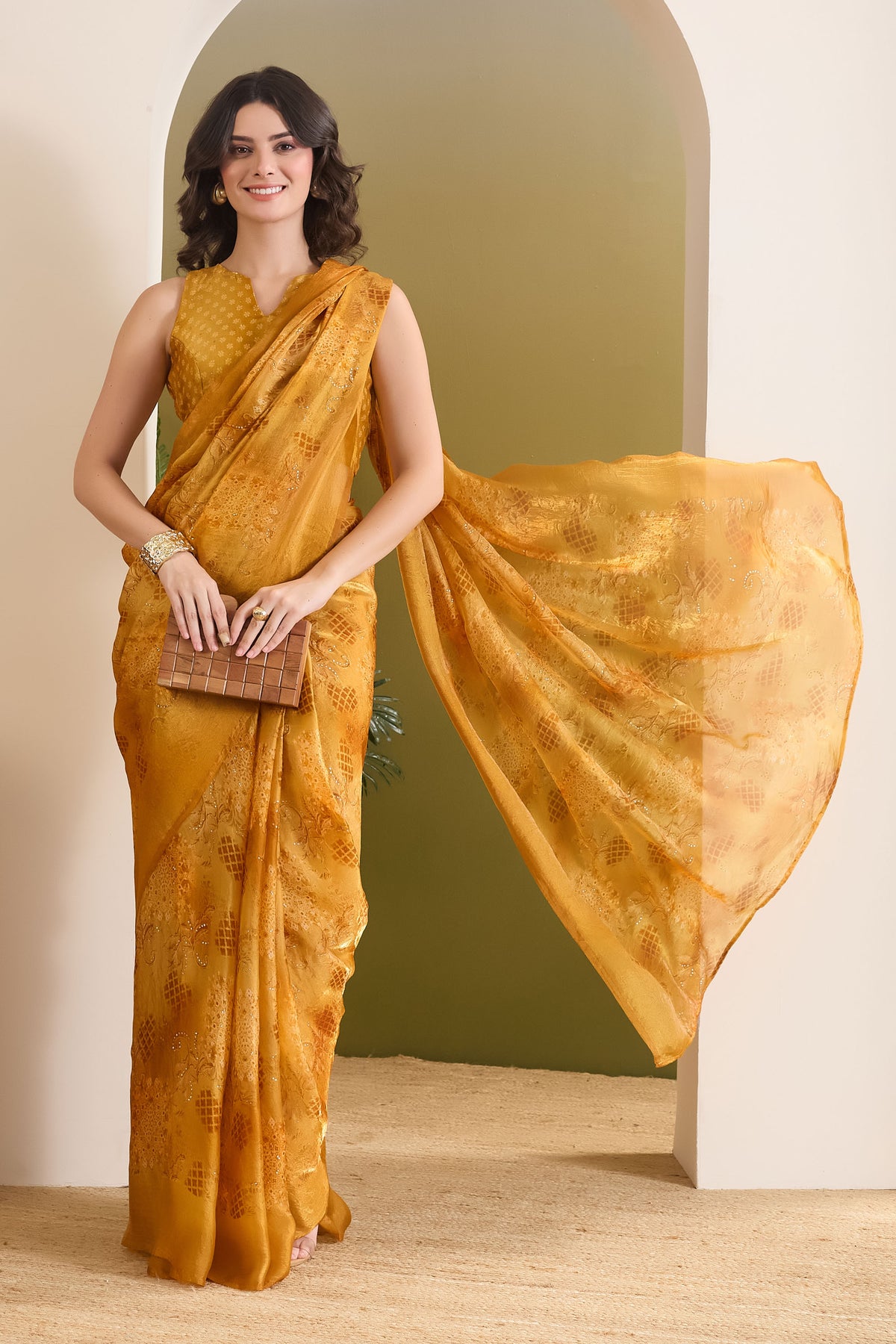Yellow Ethnic Motifs Printed Satin Ready to Wear Saree