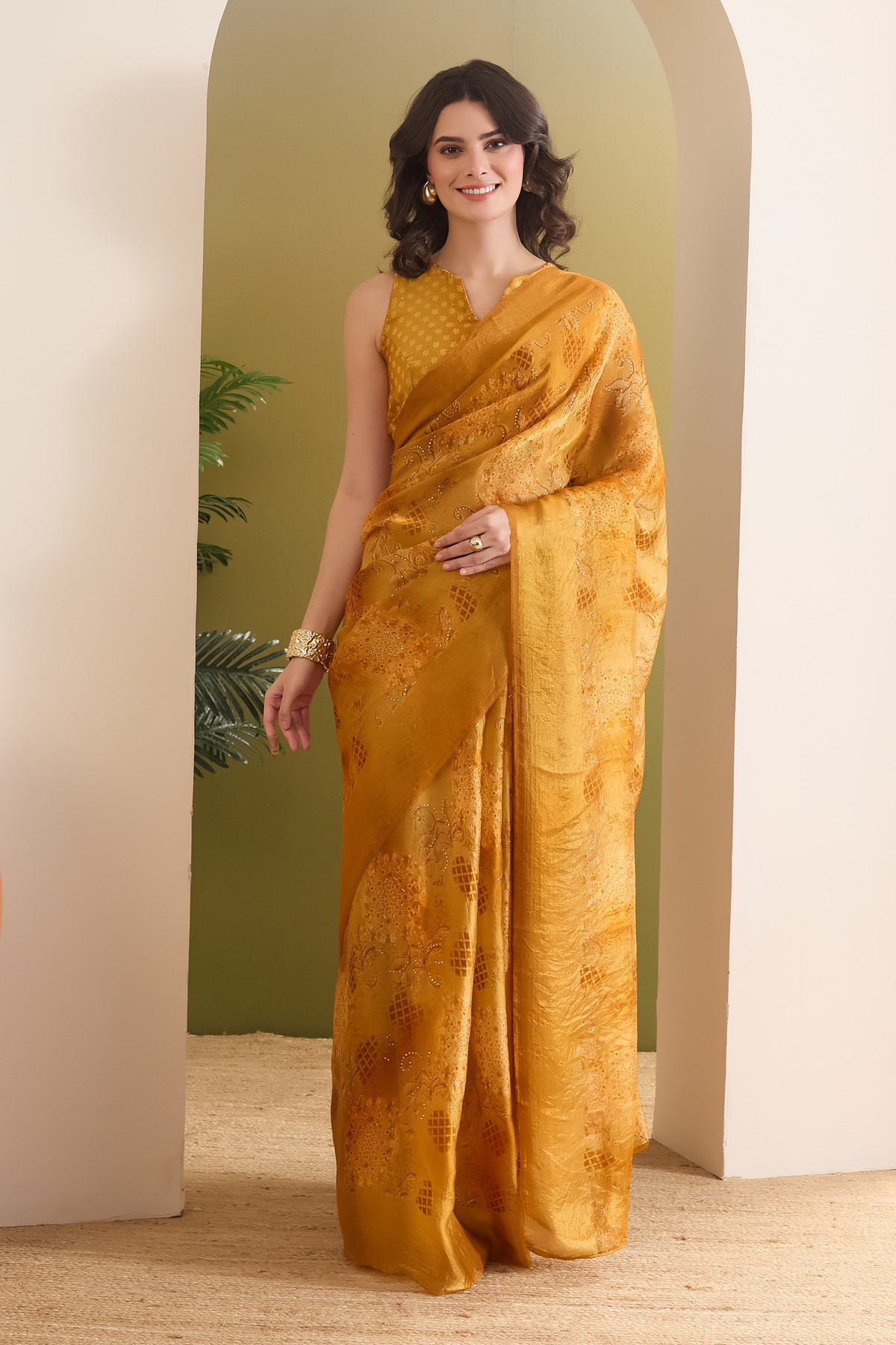 Yellow Ethnic Motifs Printed Satin Ready to Wear Saree