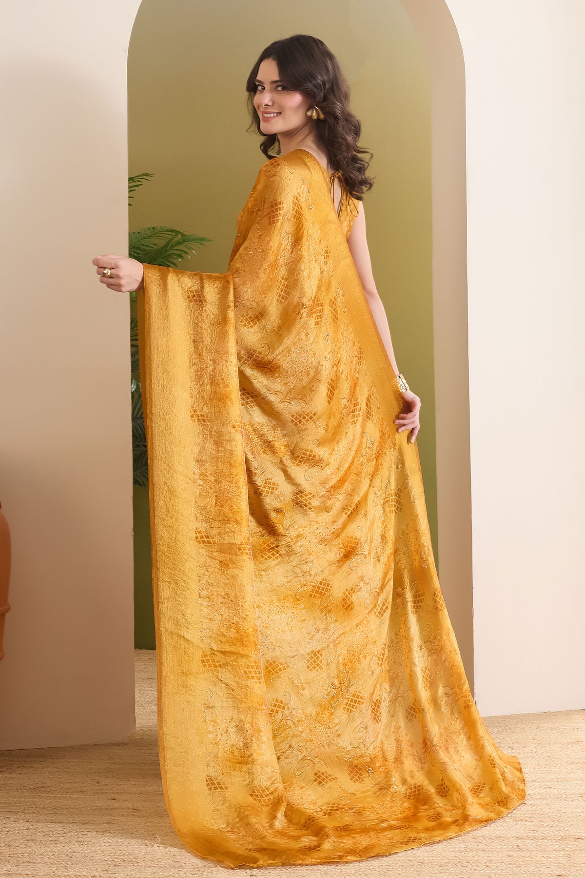 Yellow Ethnic Motifs Printed Satin Ready to Wear Saree
