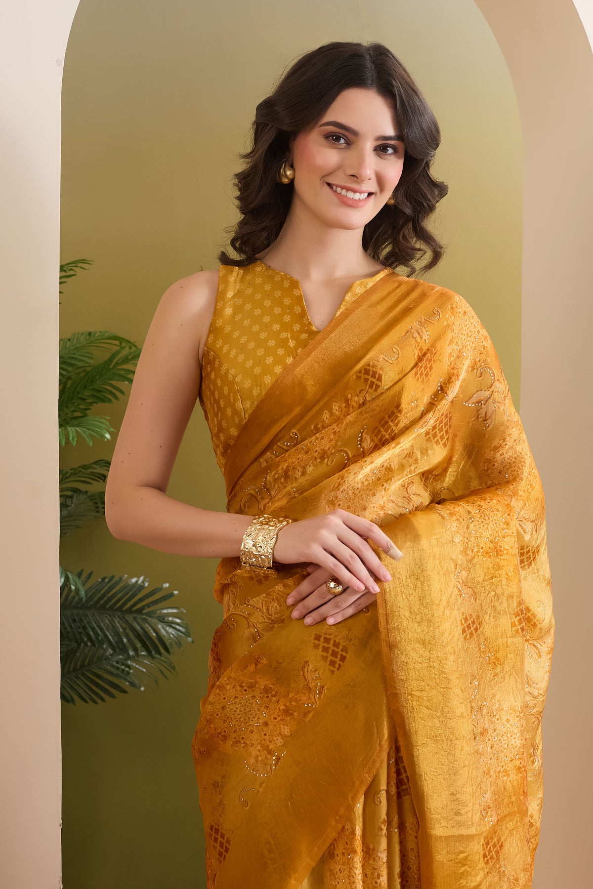 Yellow Ethnic Motifs Printed Satin Ready to Wear Saree
