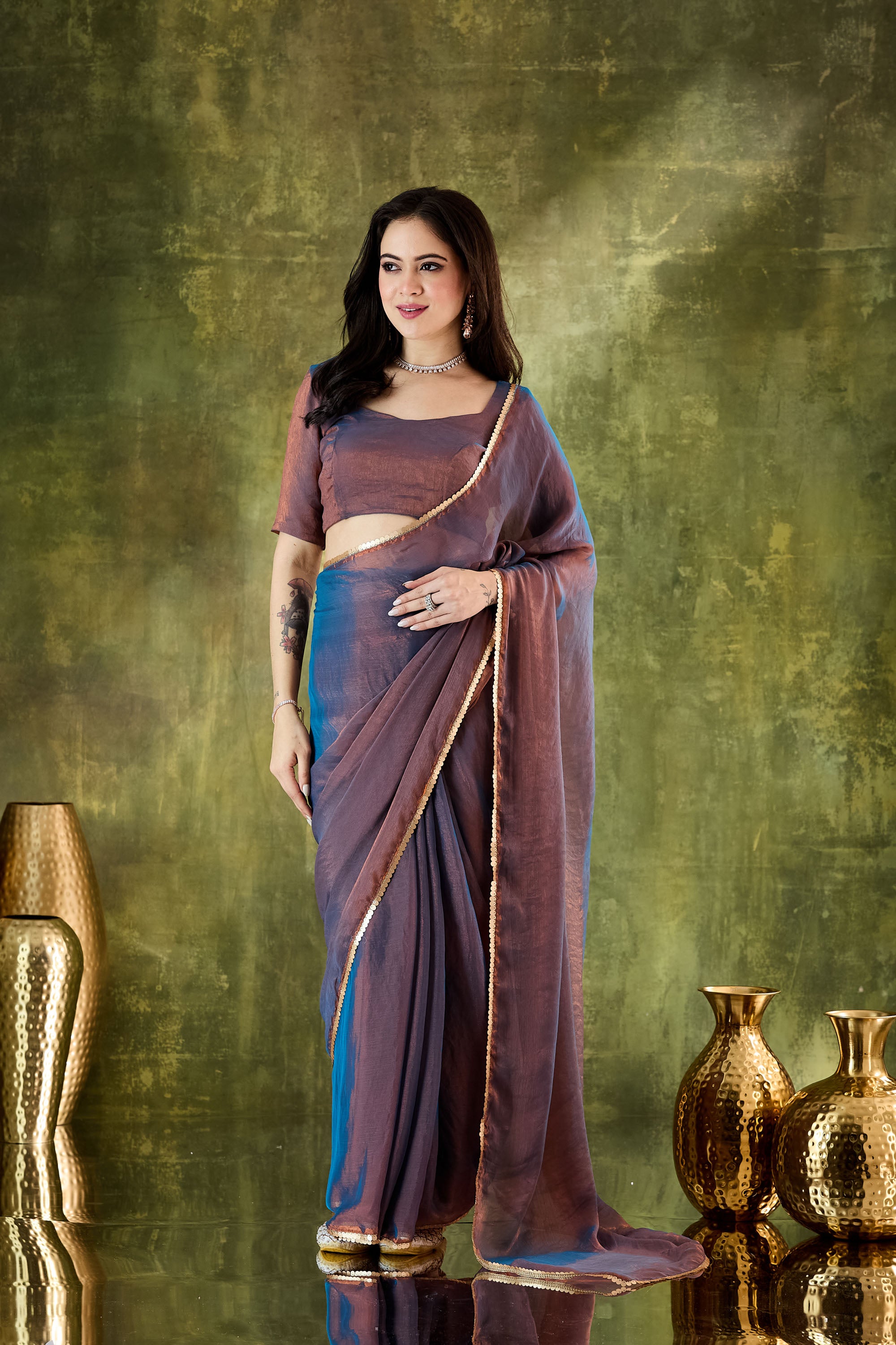 Blue Ombre Designer Silk Blend Ready To Wear Saree