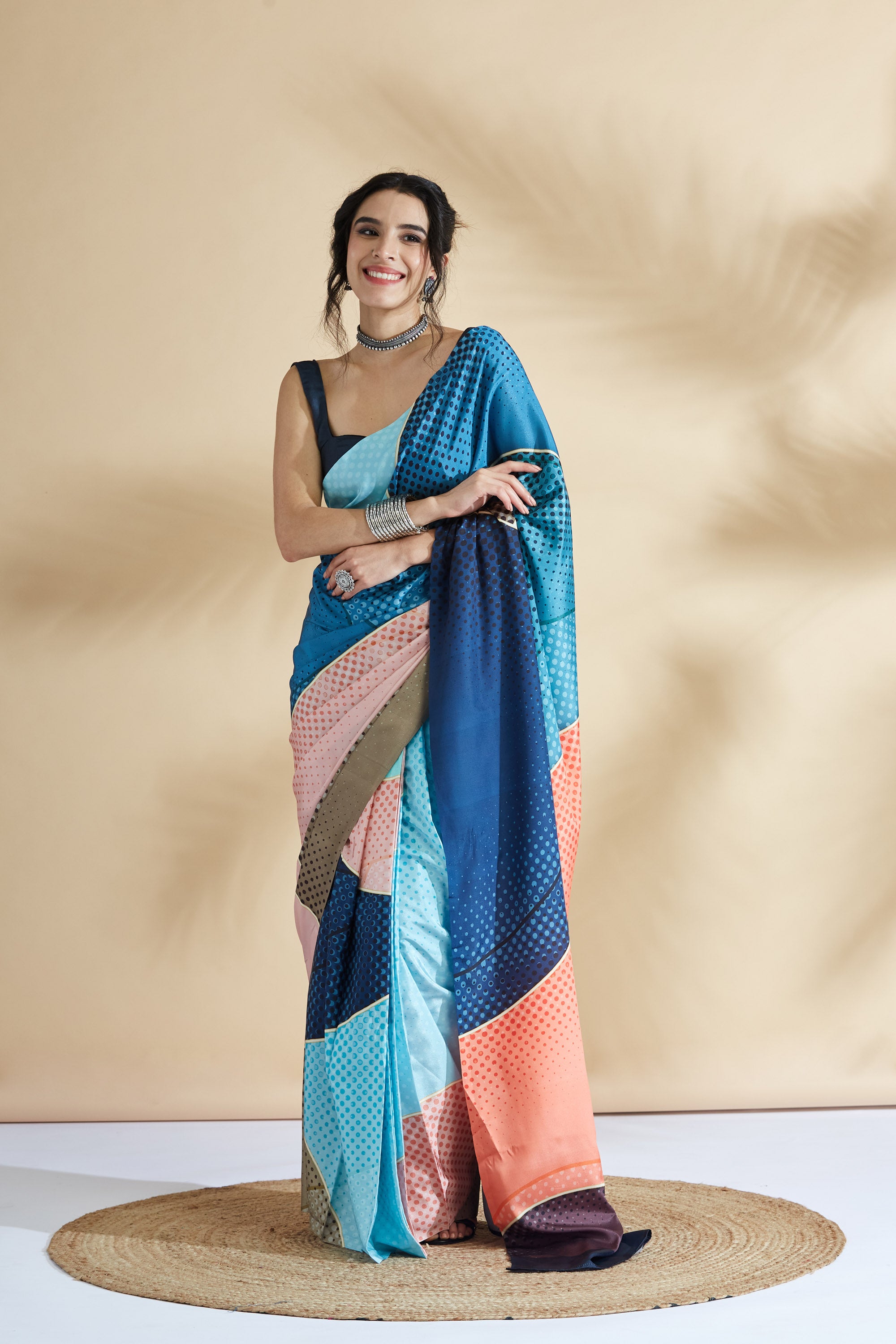 Blue Polka Dot Print Poly Crepe Saree