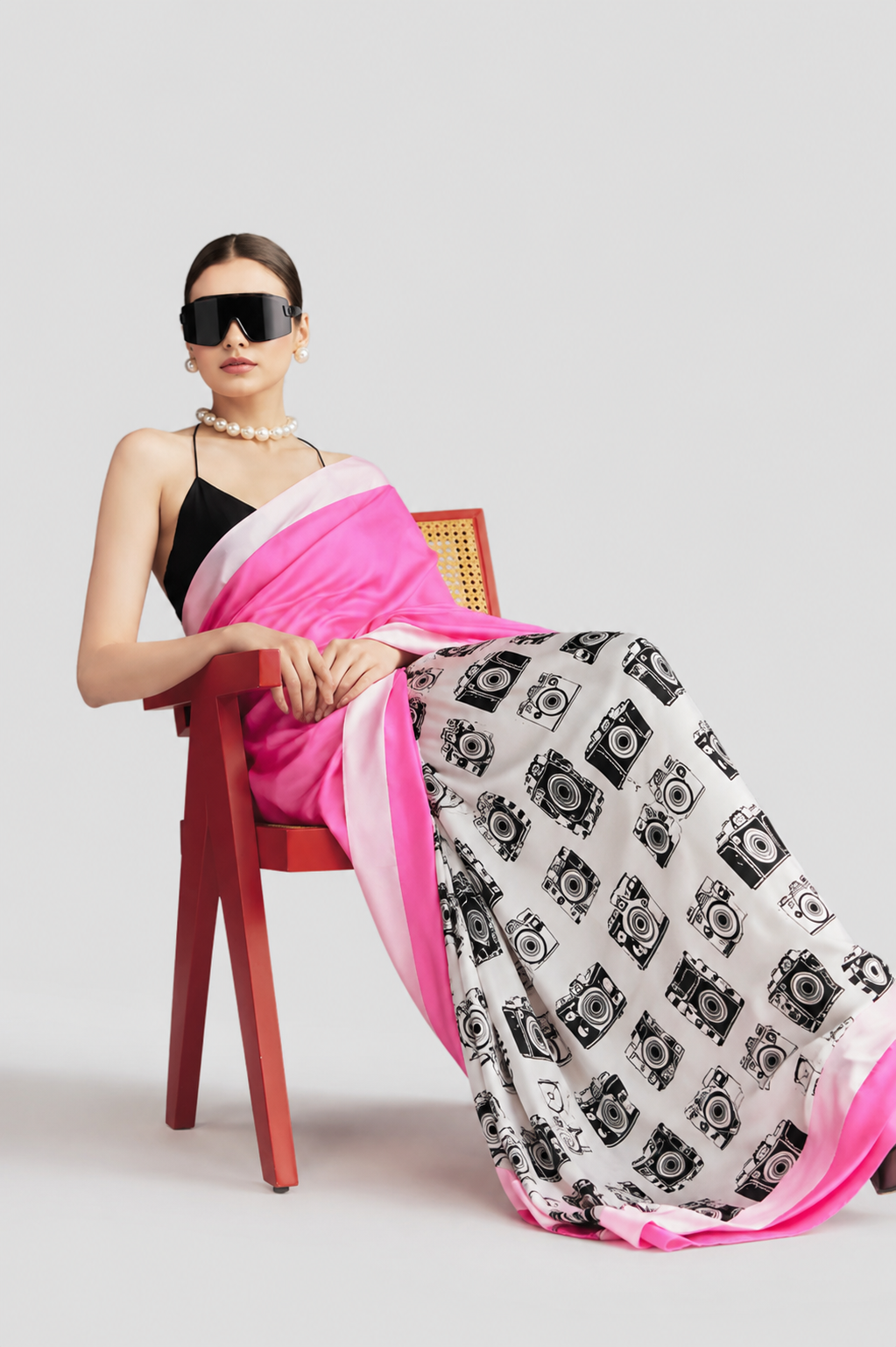 Pink Color Abstract Printed Satin Party Wear Saree