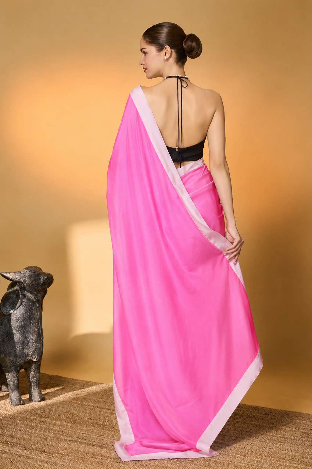 Pink Color Abstract Printed Satin Party Wear Saree