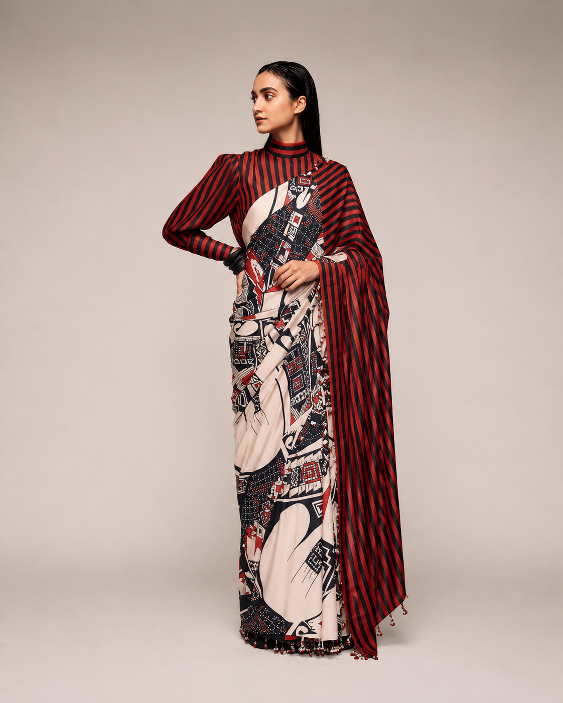 Black Abstract Printed Satin Ready To Wear Saree