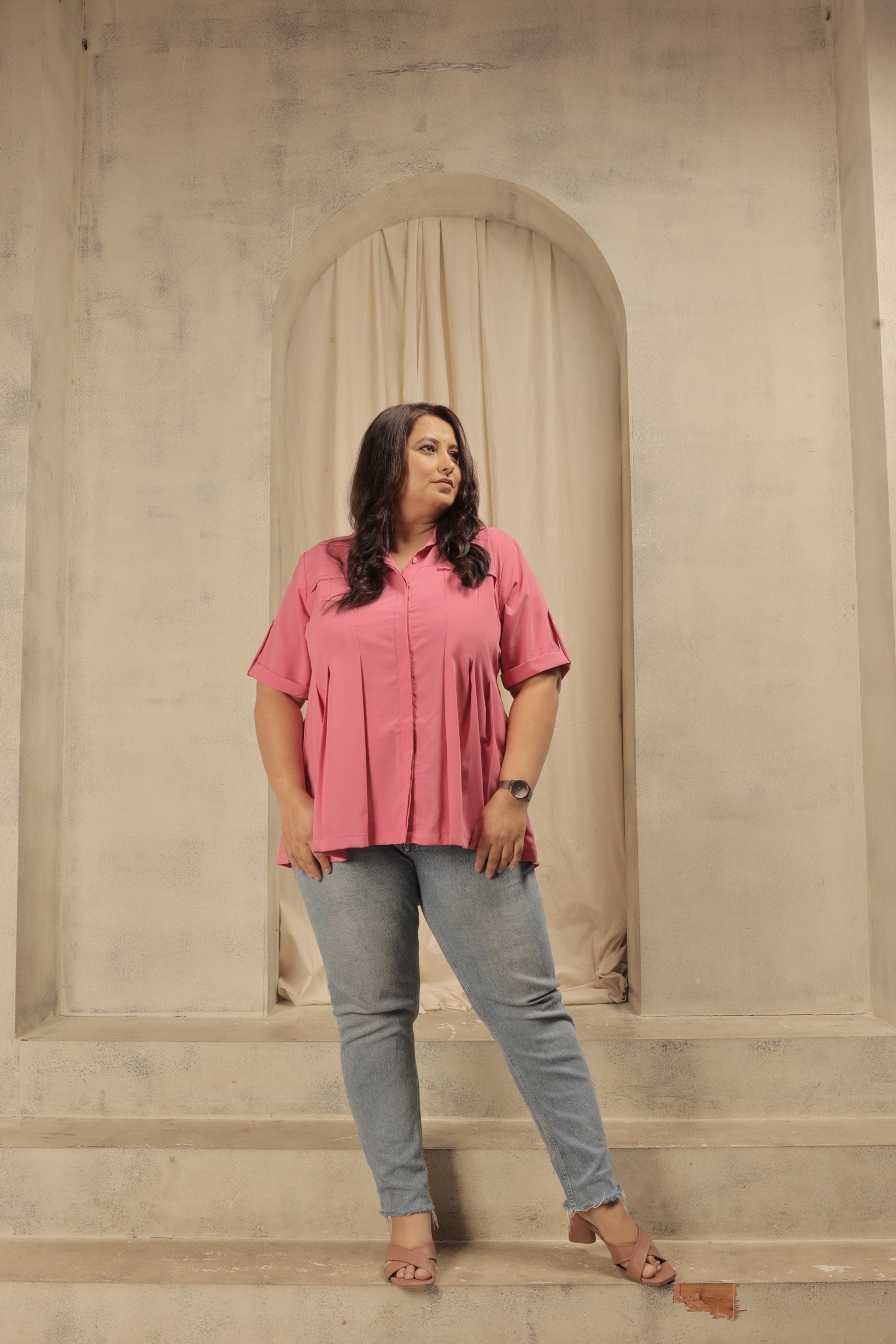 Sleeve Flaps Pleated Shirt