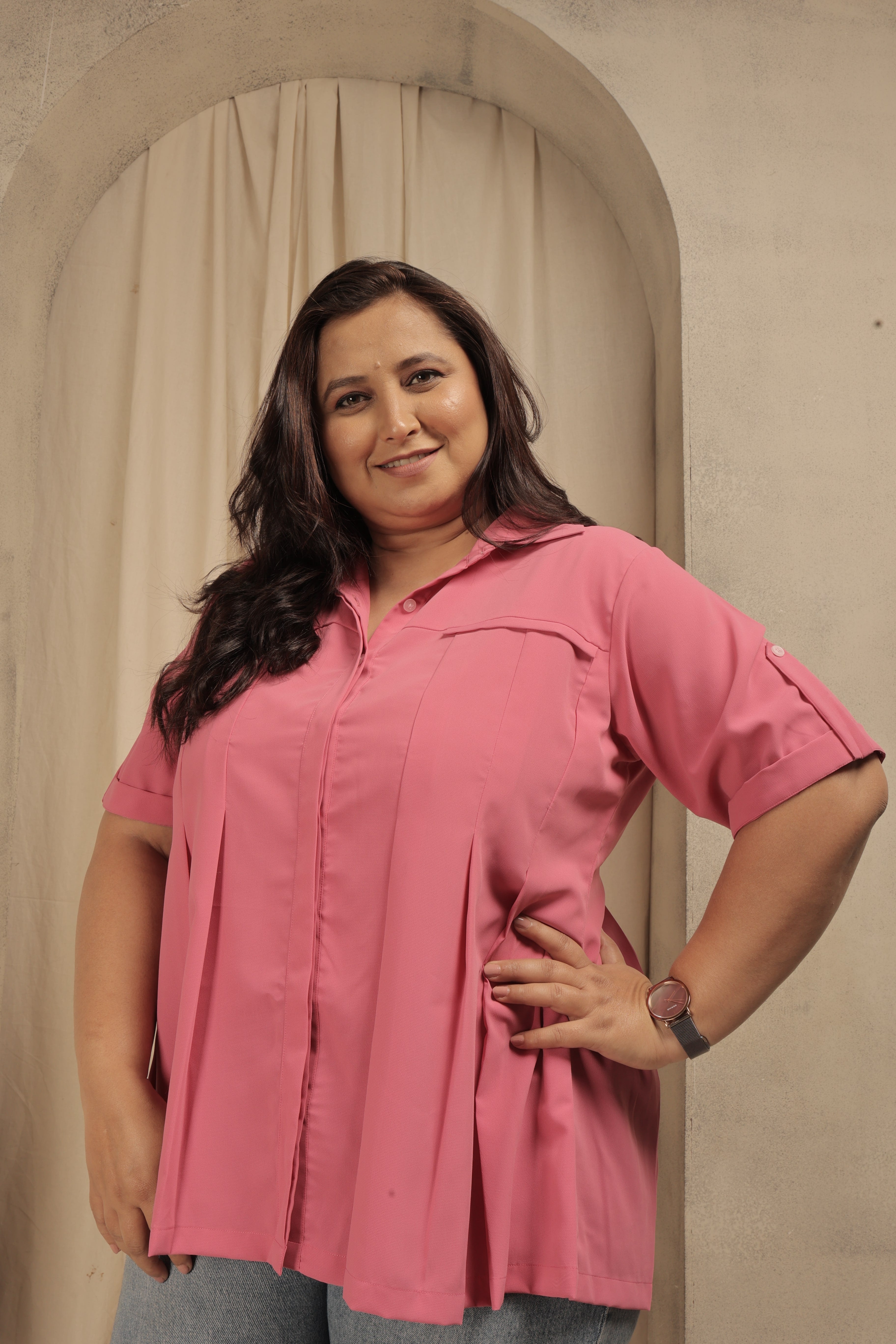 Sleeve Flaps Pleated Shirt