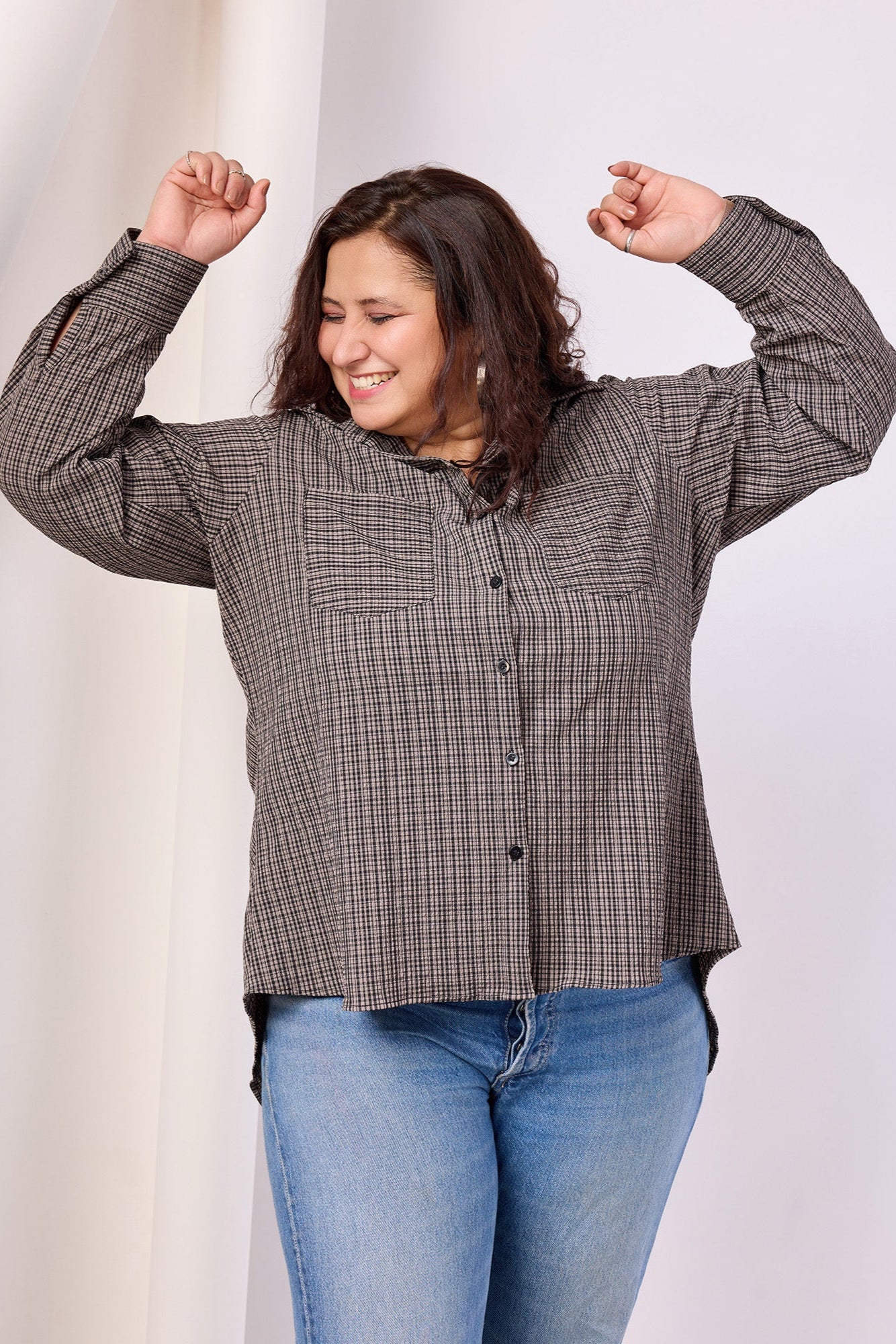 Grey Color Elastane Checkered Print Shirt