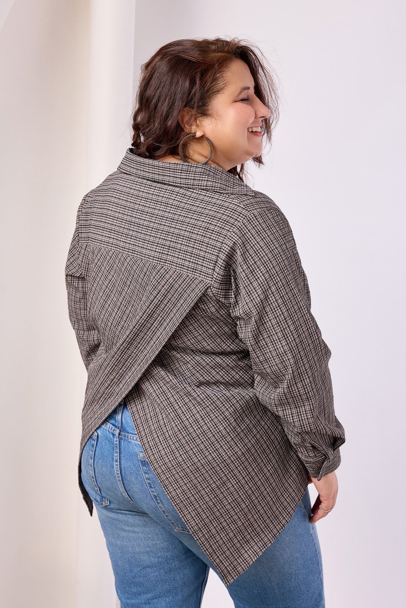 Grey Color Elastane Checkered Print Shirt